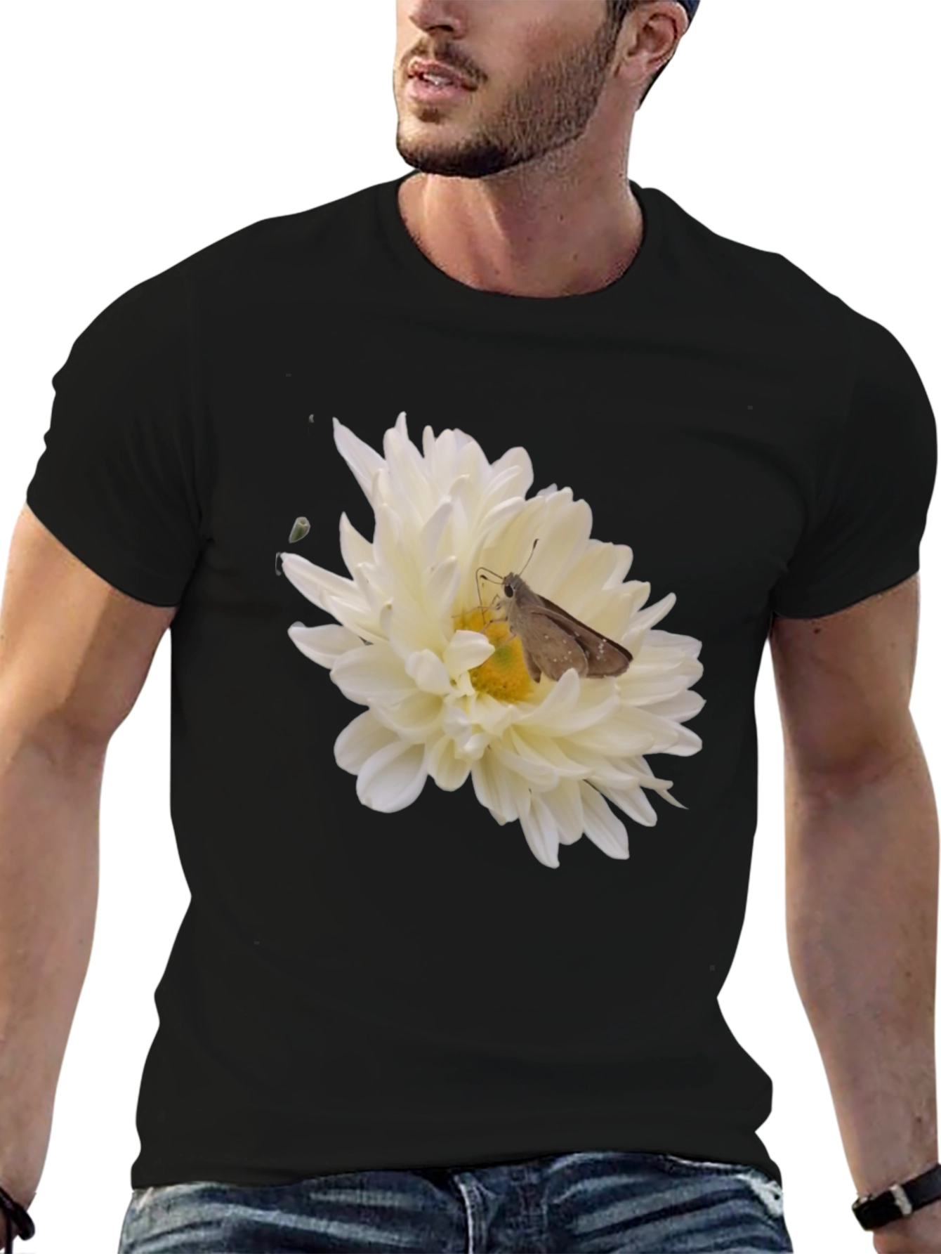 Black T-Shirt with Flower and Moth Design