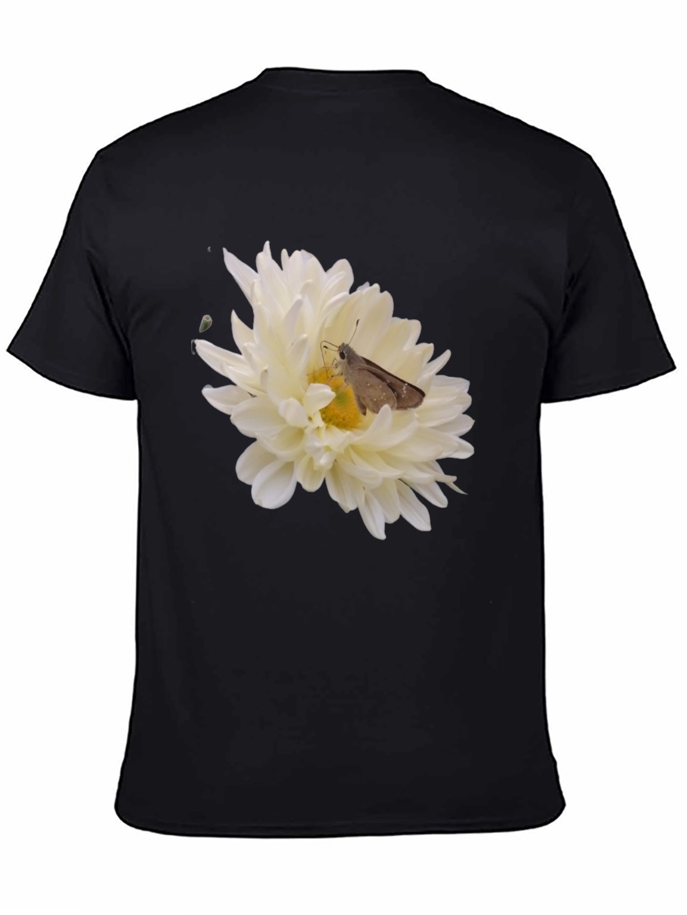 Black T-Shirt with Flower and Moth Design