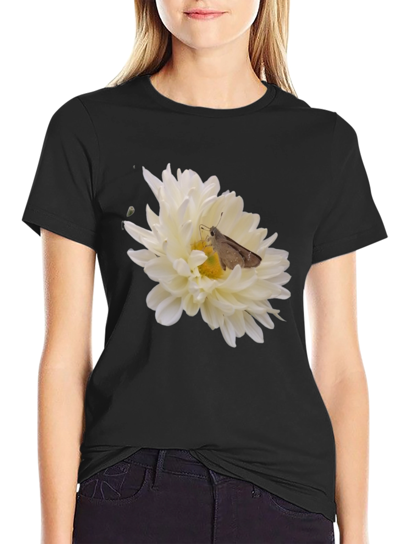 Black T-Shirt with Flower and Moth Design