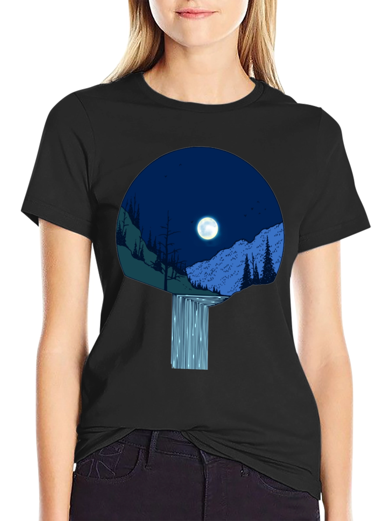 Moonlit Waterfall Graphic Tee - Black