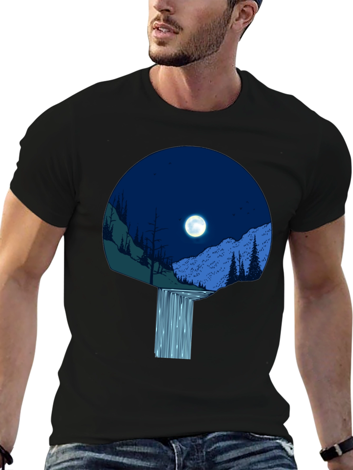 Moonlit Waterfall Graphic Tee - Black