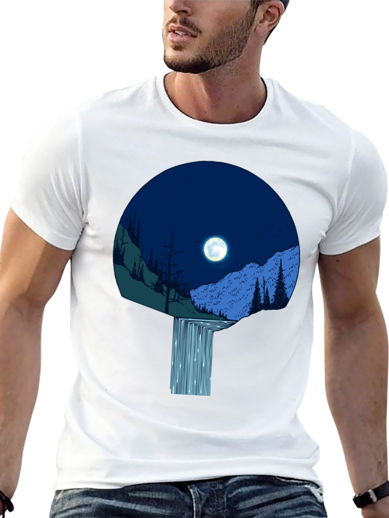 Moonlit Waterfall Graphic Tee - Black