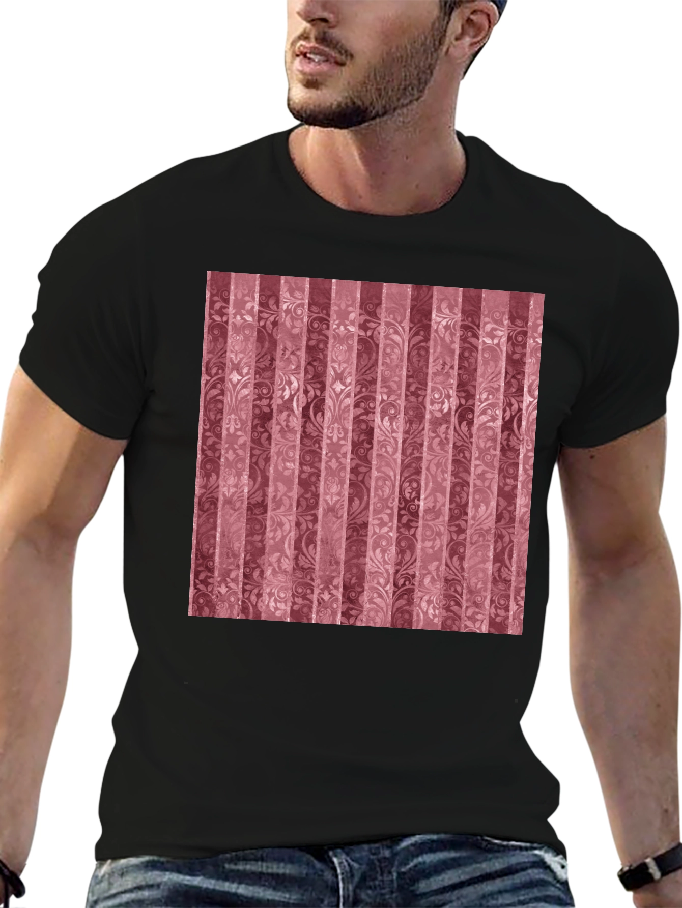 Striped Floral Pattern Black T-Shirt