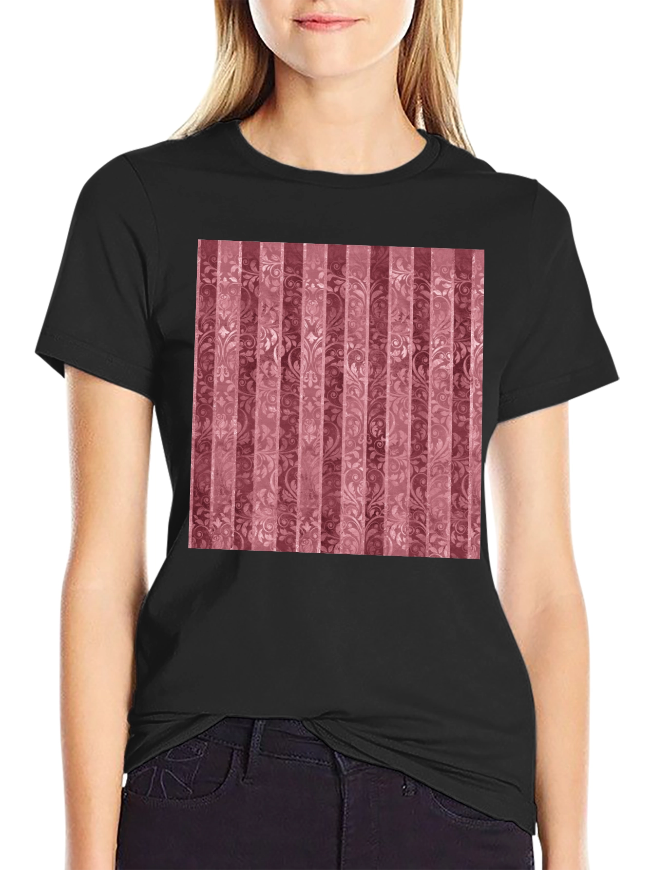 Striped Floral Pattern Black T-Shirt