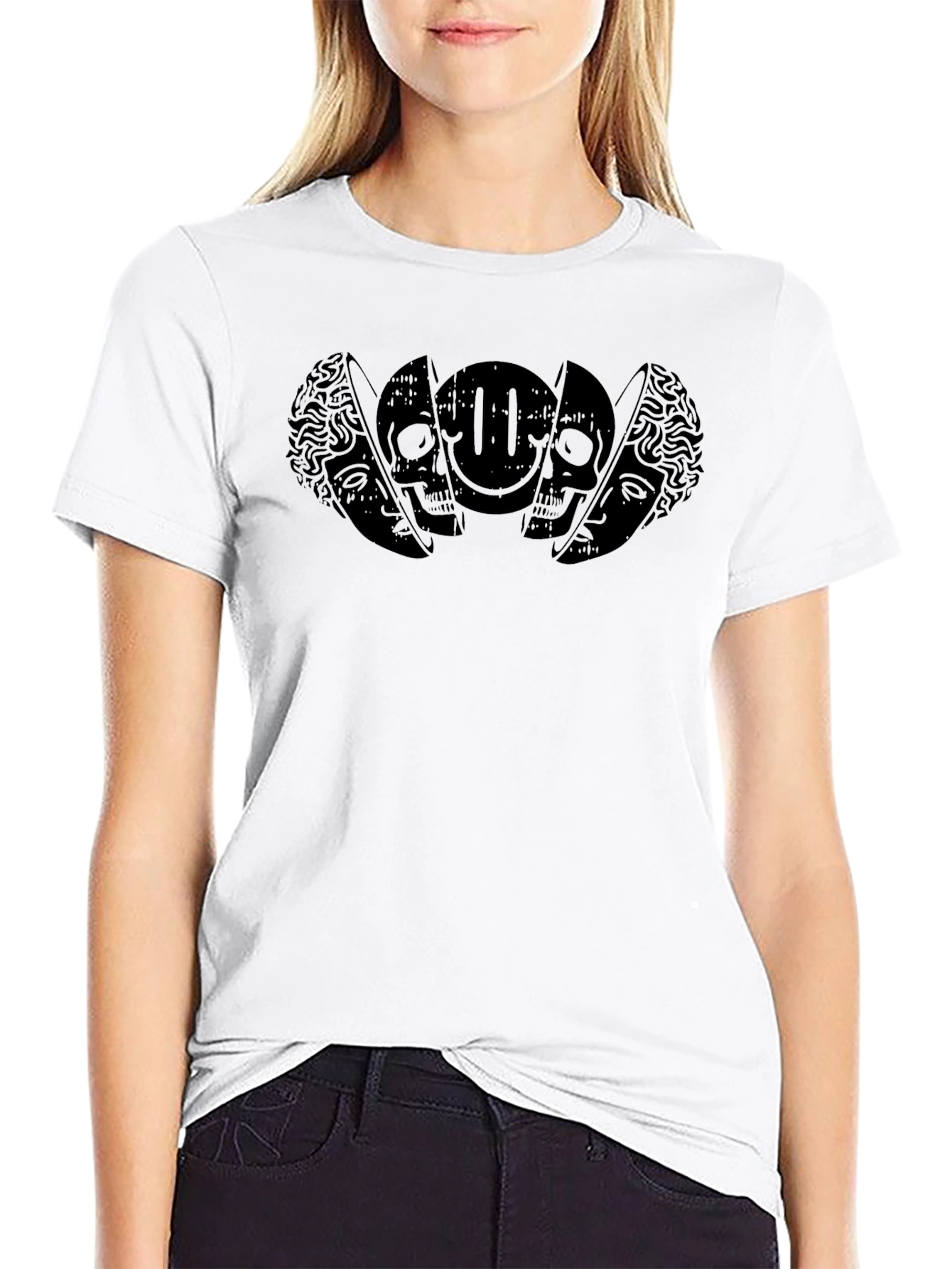 Black Graphic Tee: Brain Skull & Smiley Design