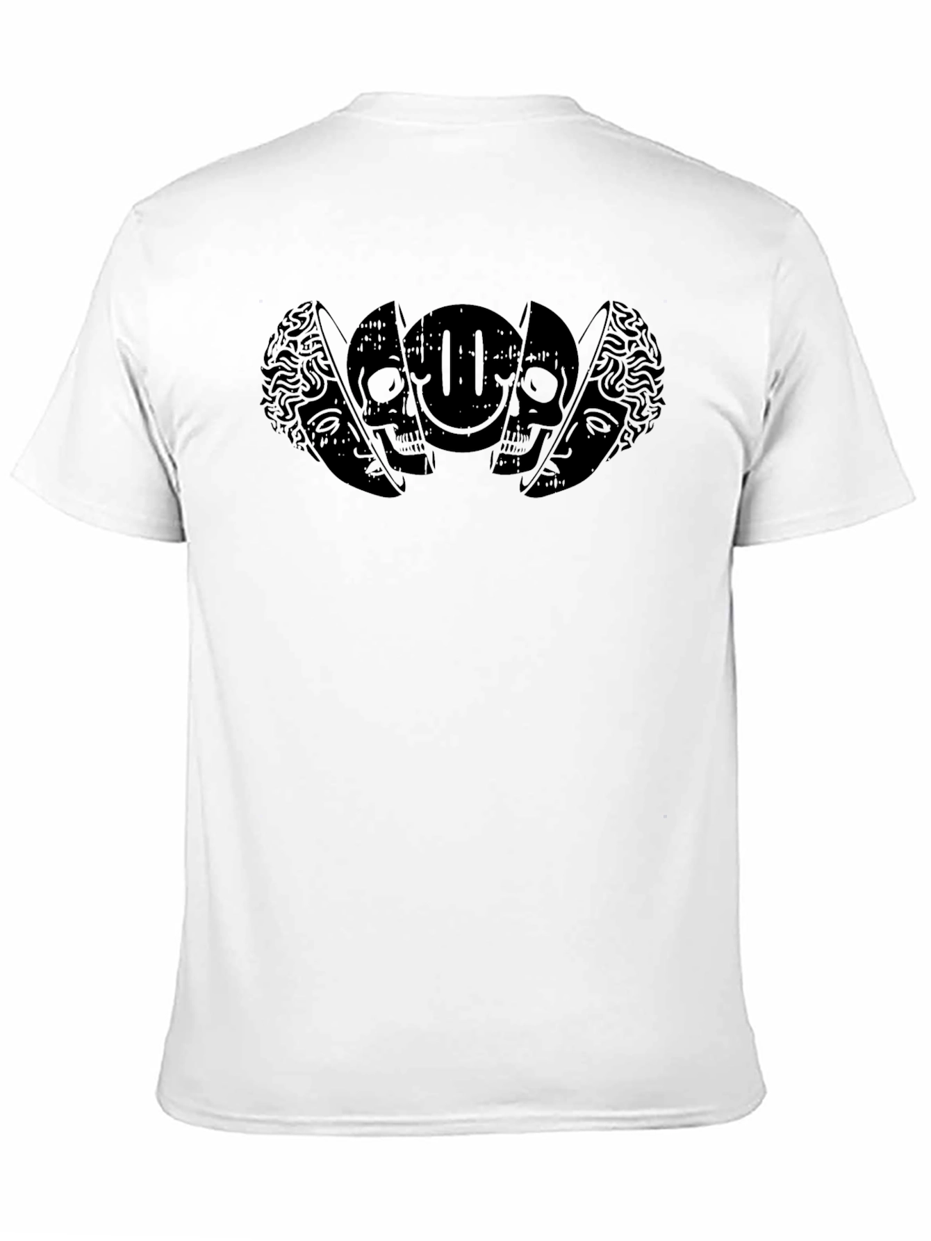 Black Graphic Tee: Brain Skull & Smiley Design