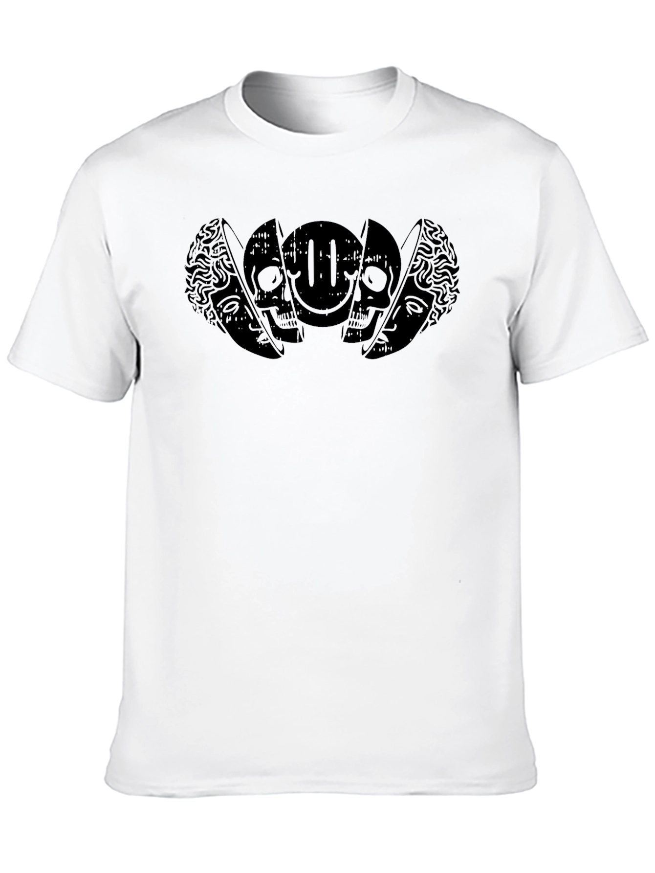 Black Graphic Tee: Brain Skull & Smiley Design