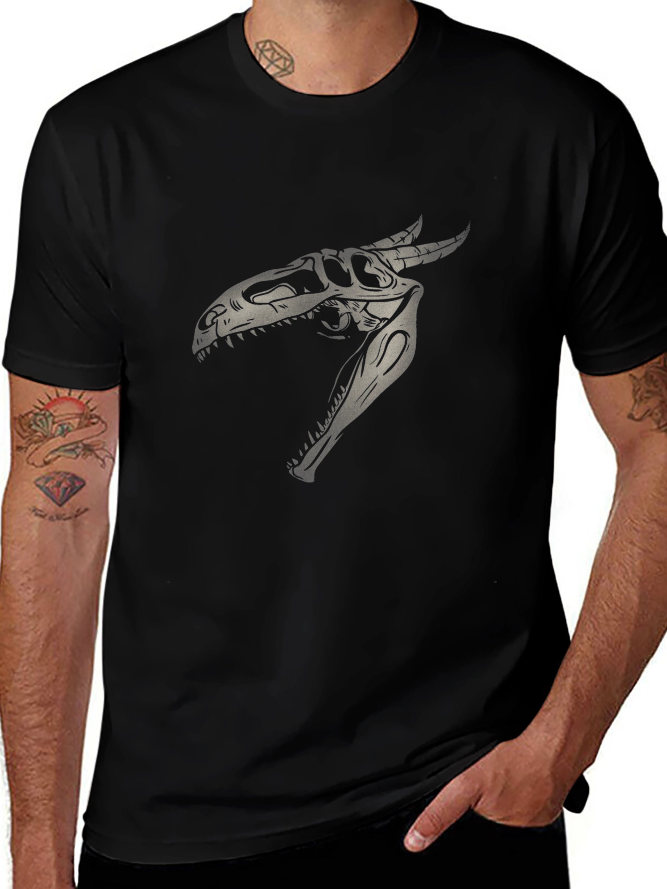 Dinosaur Skull Graphic Print Black T-Shirt