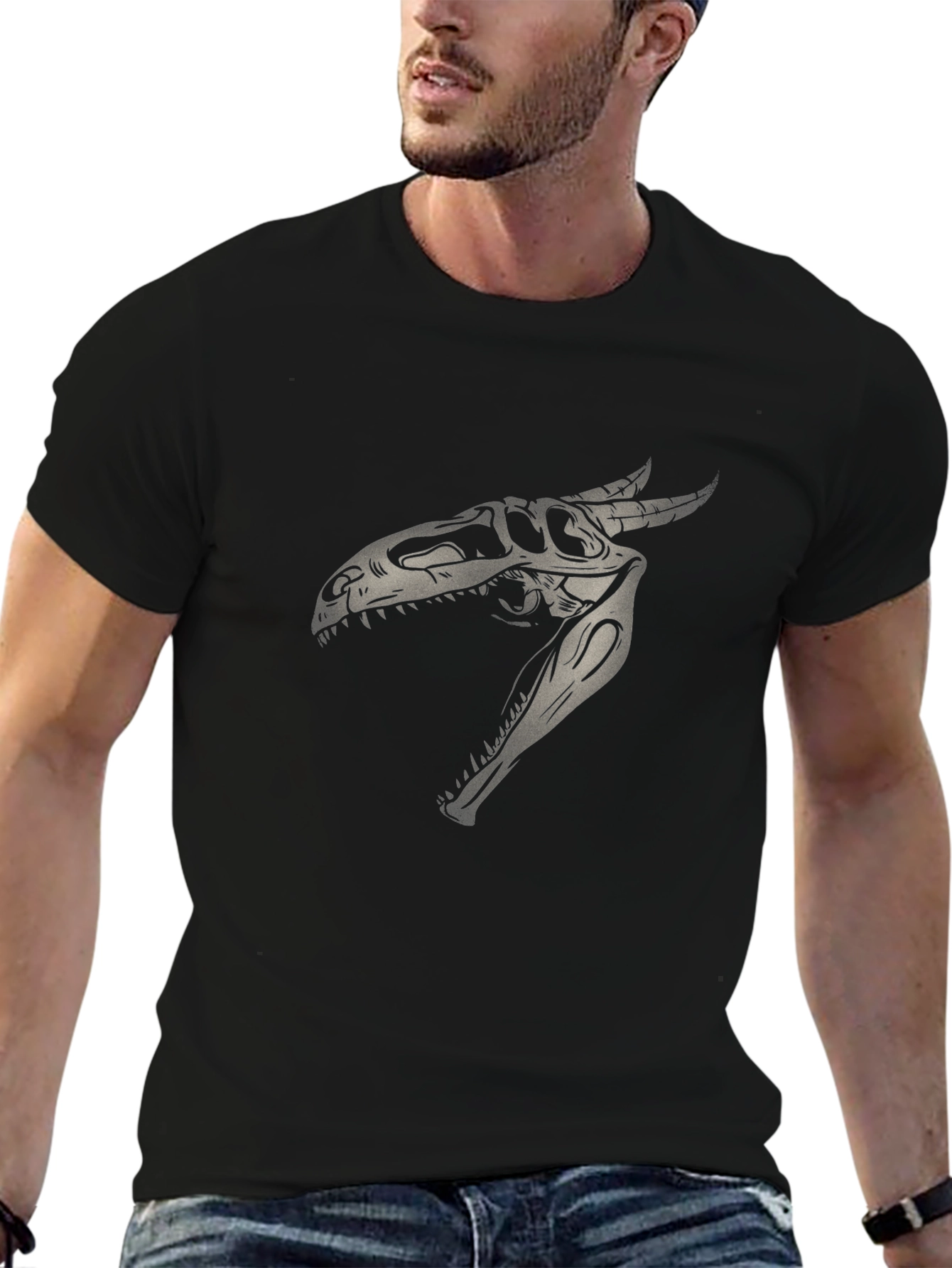 Dinosaur Skull Graphic Print Black T-Shirt