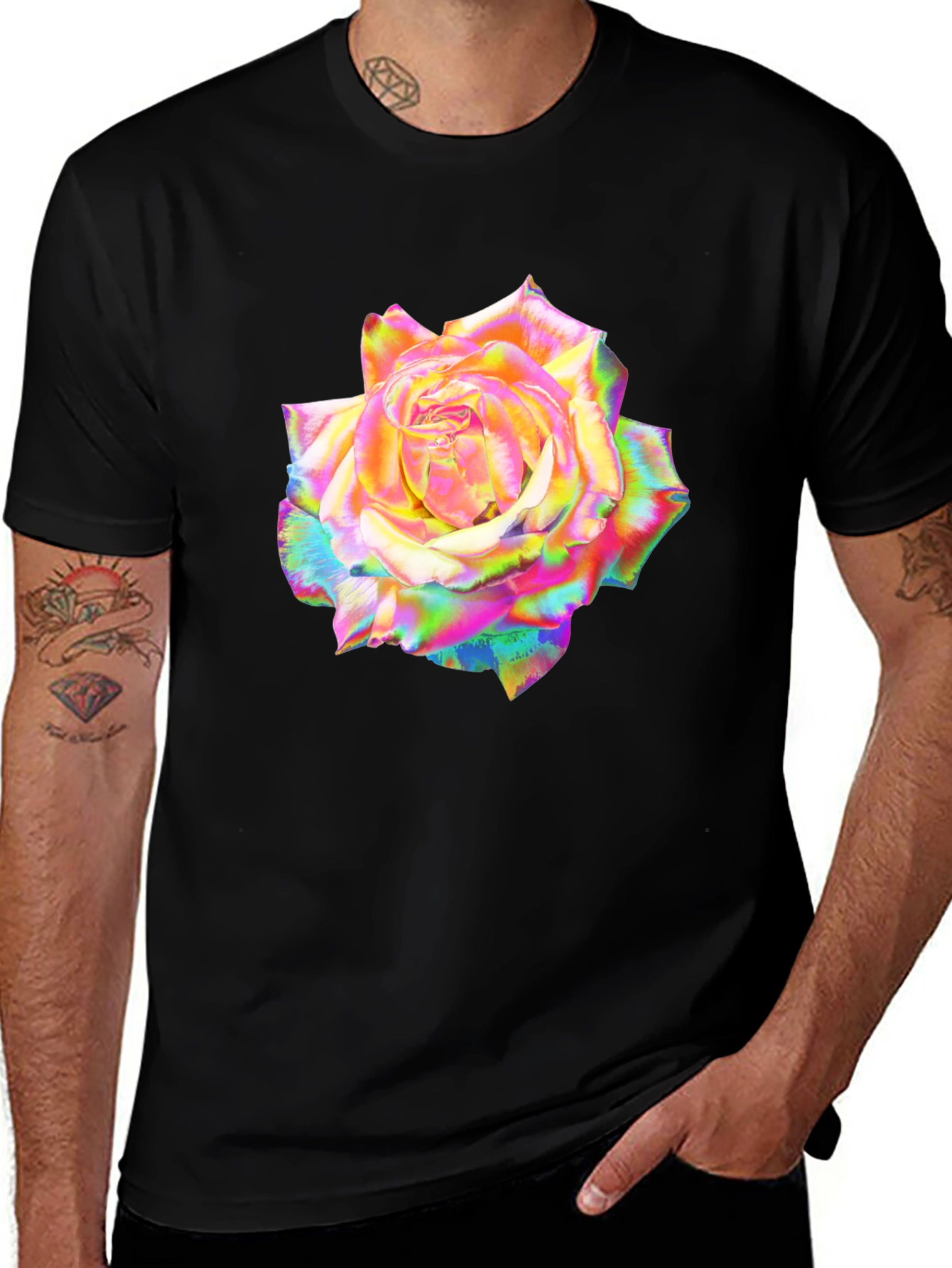 Rainbow Rose Graphic Black T-Shirt