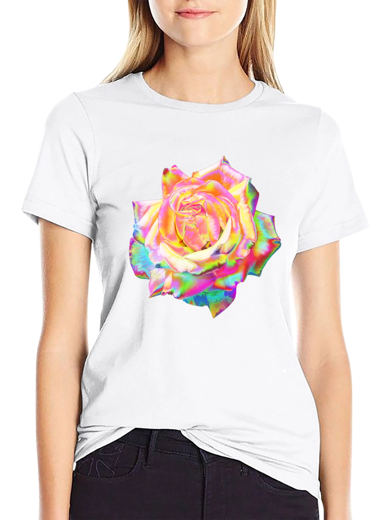 Rainbow Rose Graphic Black T-Shirt