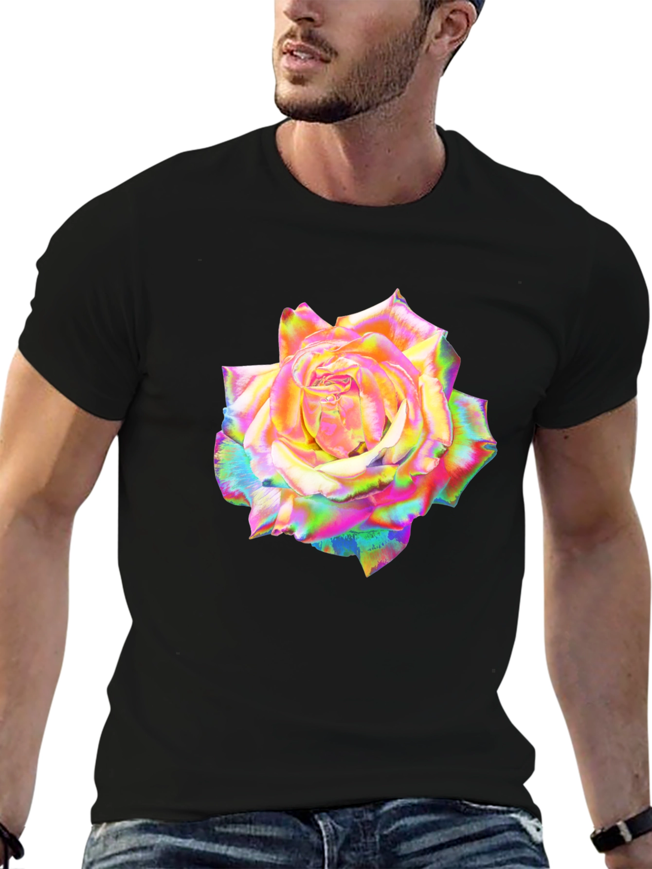 Rainbow Rose Graphic Black T-Shirt