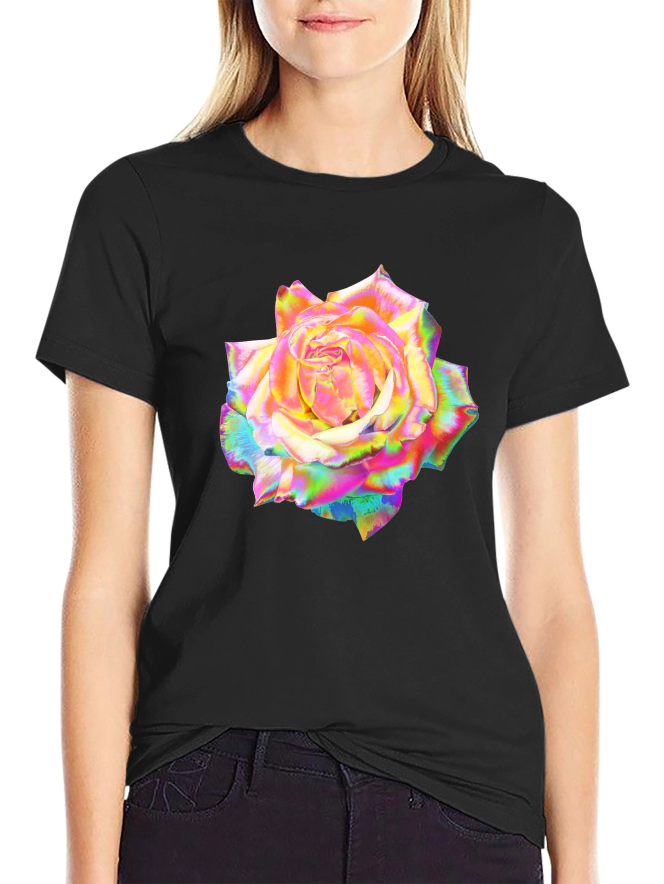 Rainbow Rose Graphic Black T-Shirt