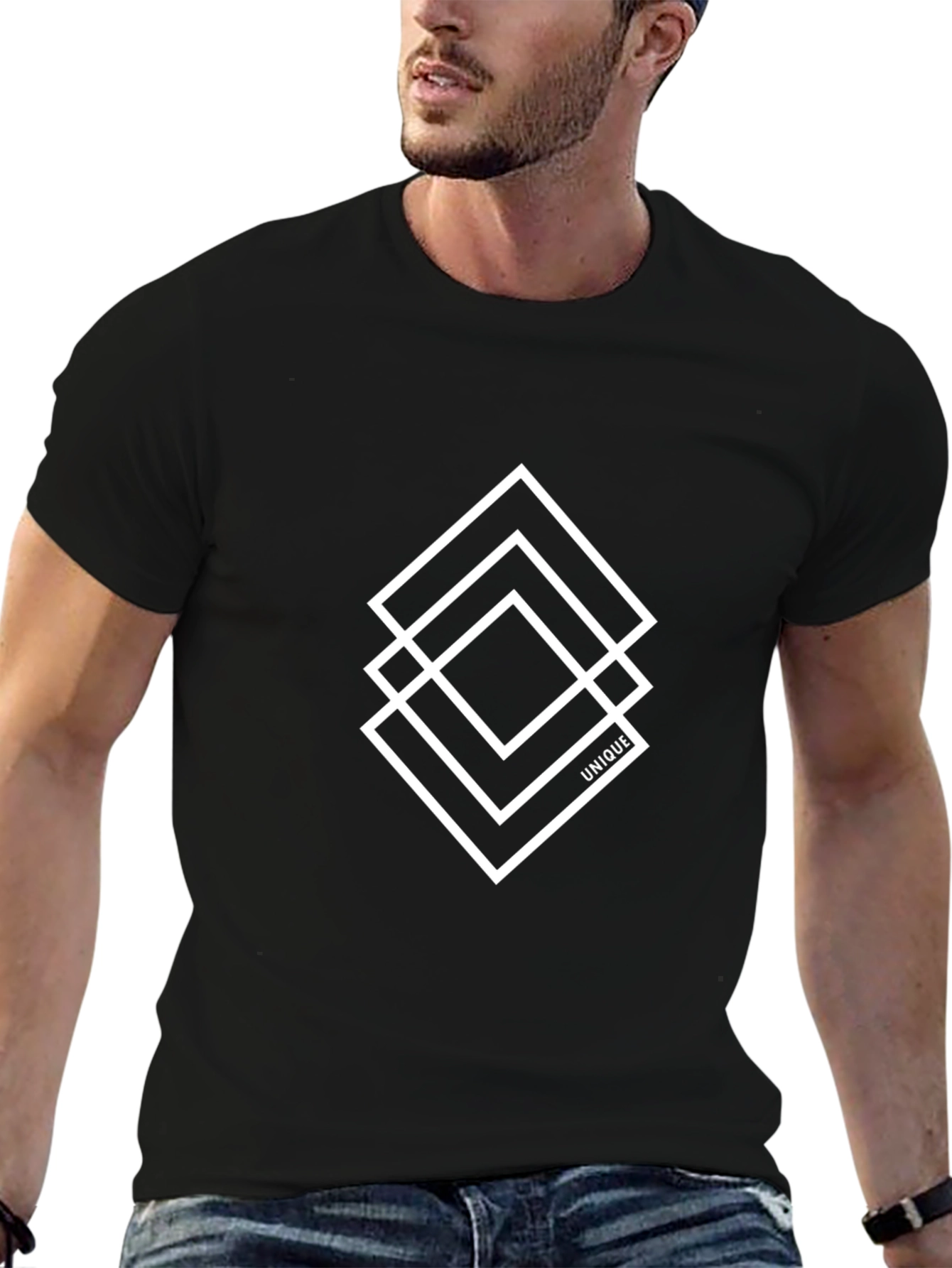 Unique Geometric Square Design Black T-Shirt