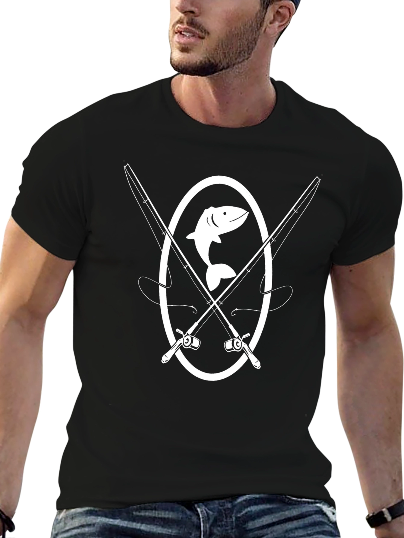 Fishing T-Shirt - Crossed Rods & Fish Graphic Tee