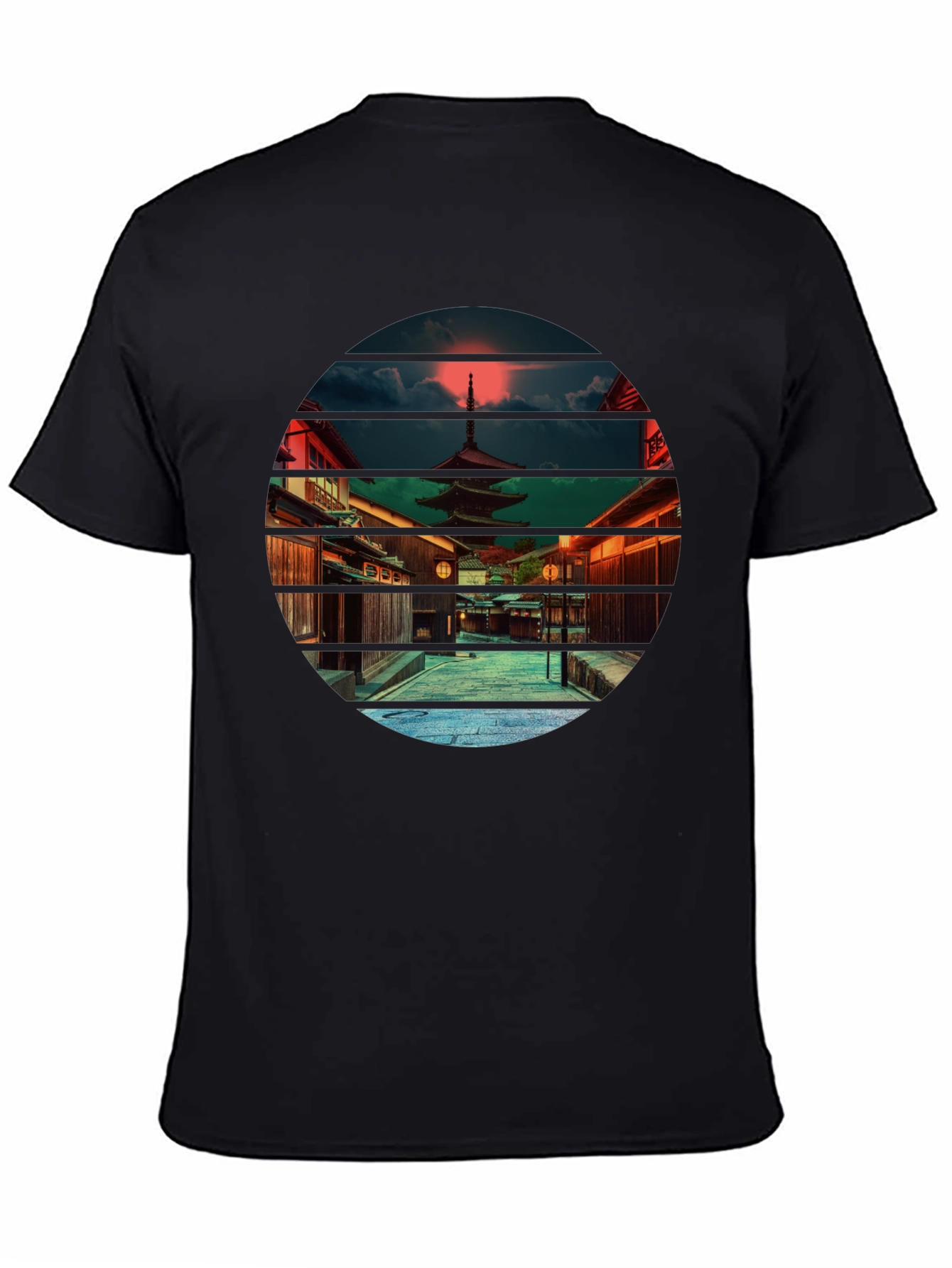 Japanese Temple Sunset Black T-Shirt