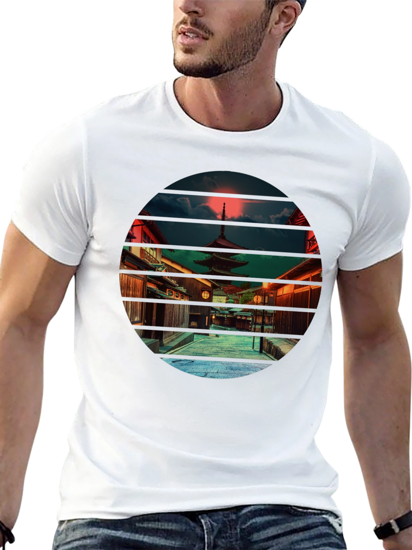 Japanese Temple Sunset Black T-Shirt