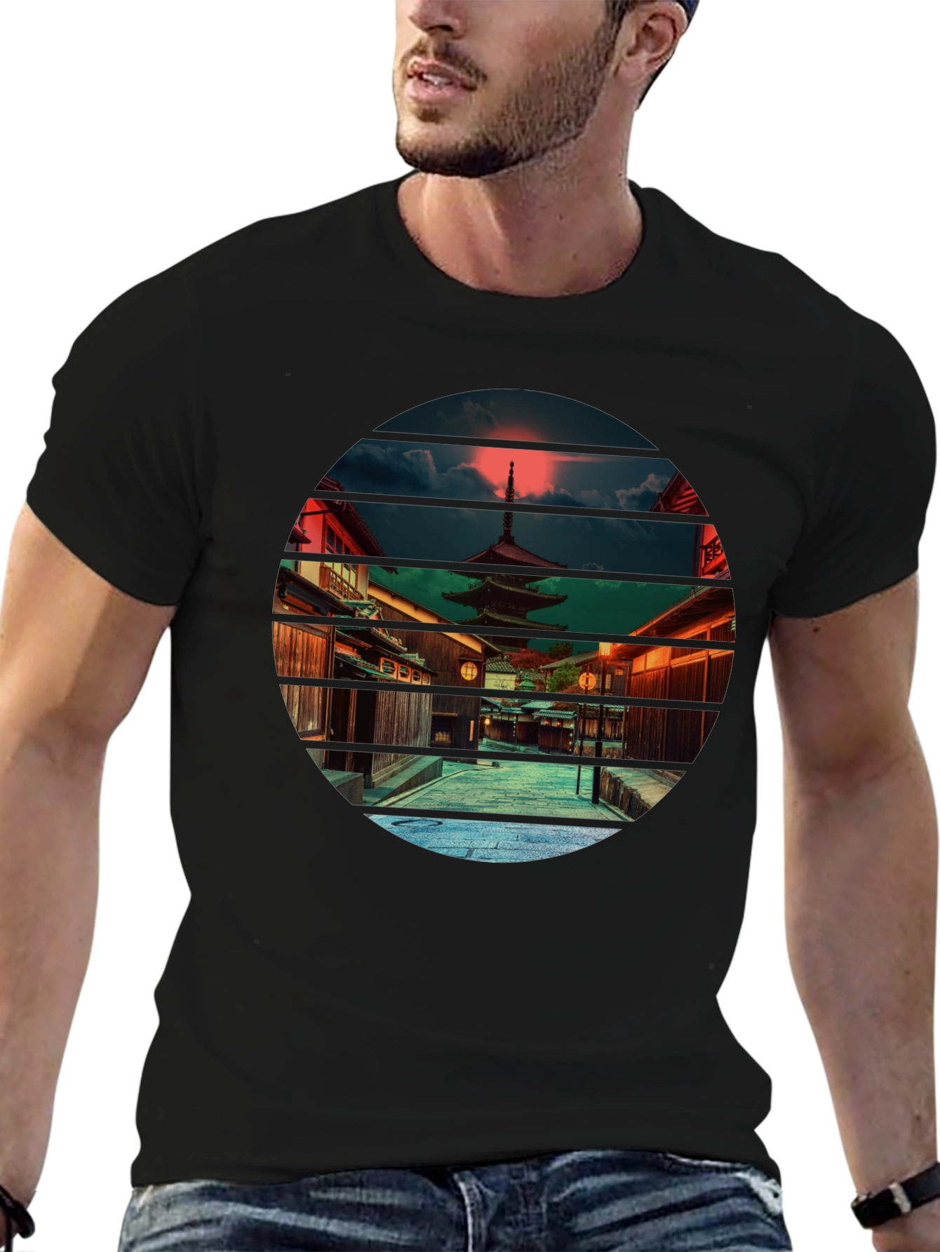 Japanese Temple Sunset Black T-Shirt