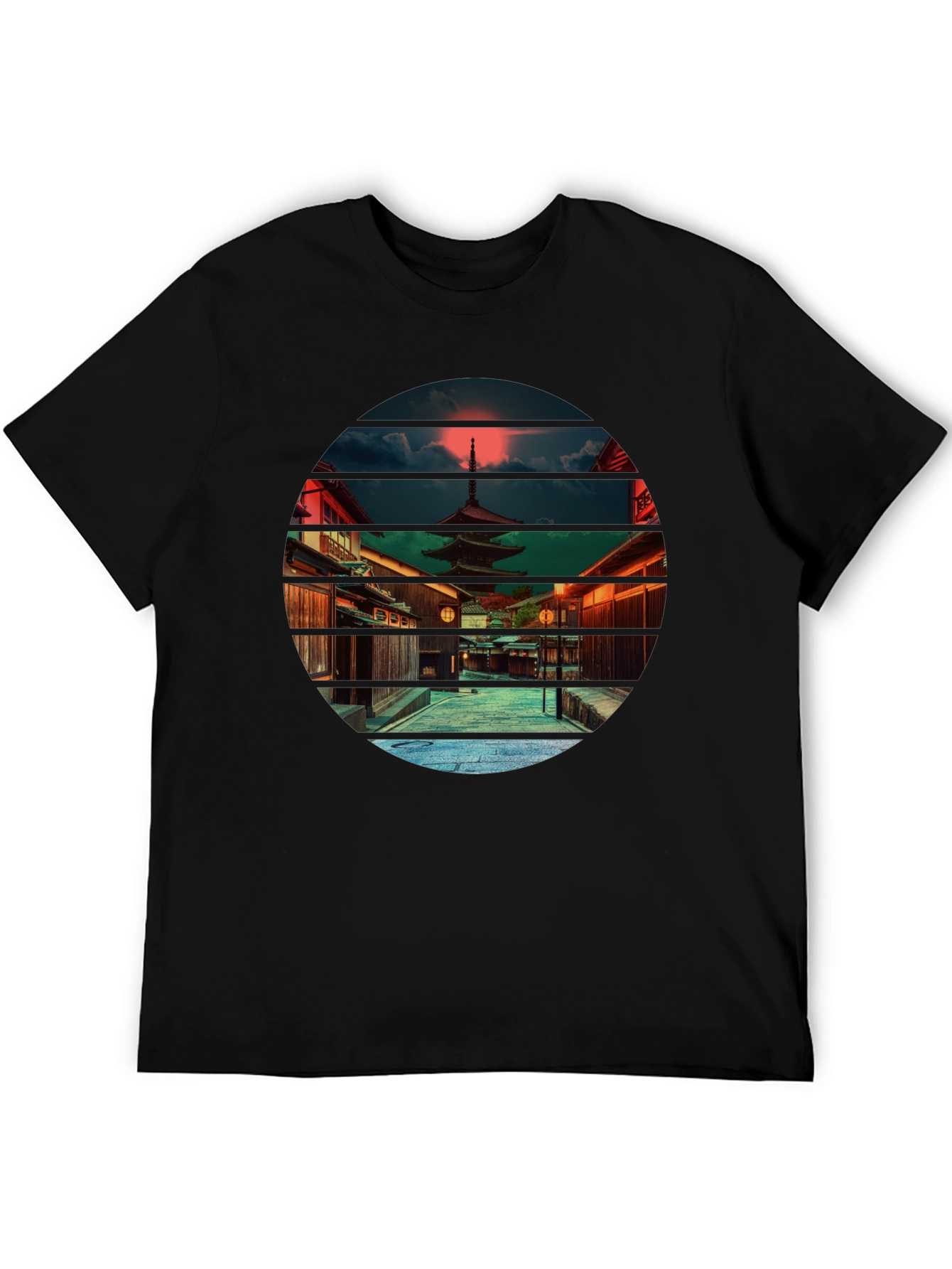 Japanese Temple Sunset Black T-Shirt