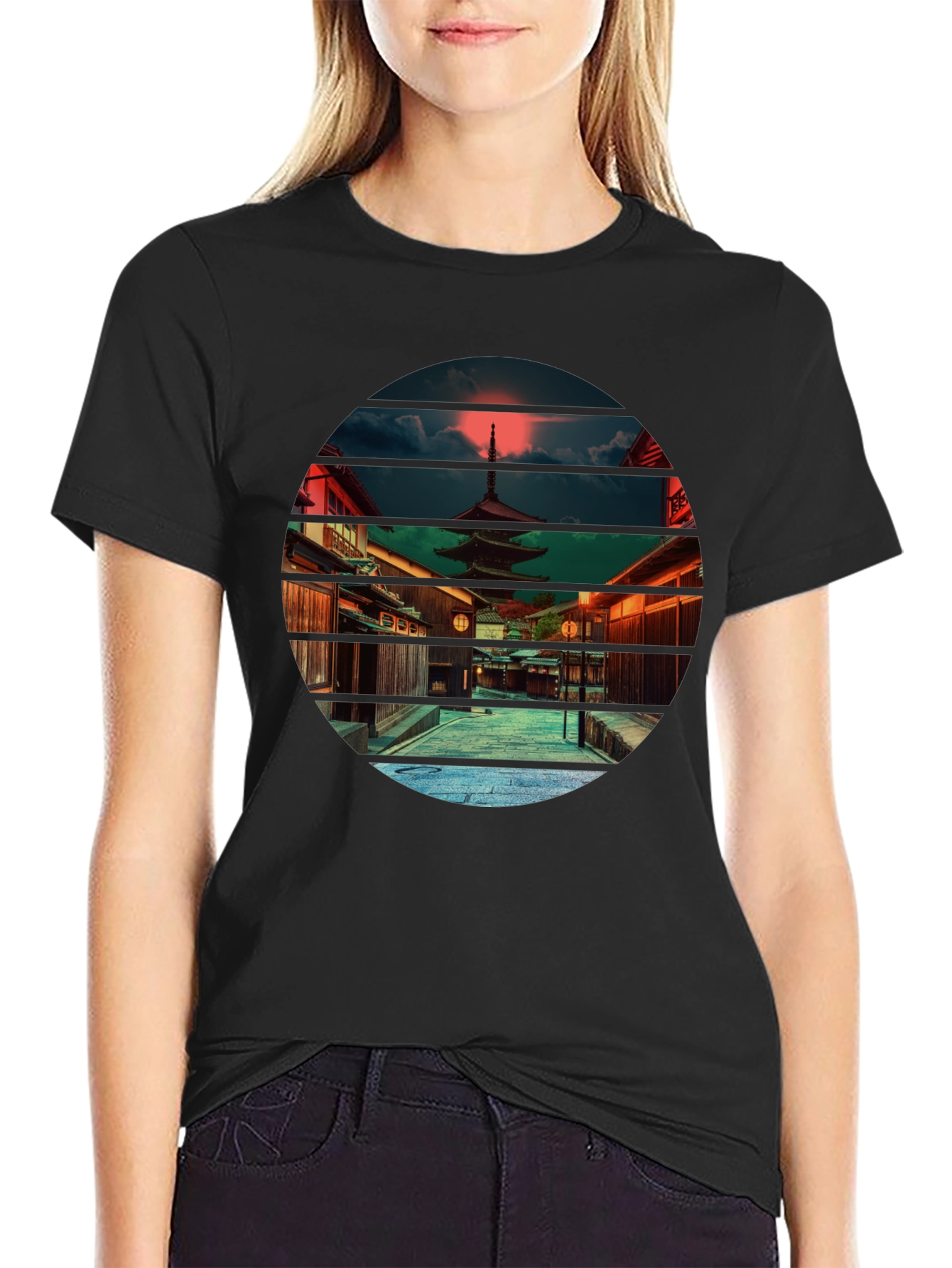 Japanese Temple Sunset Black T-Shirt