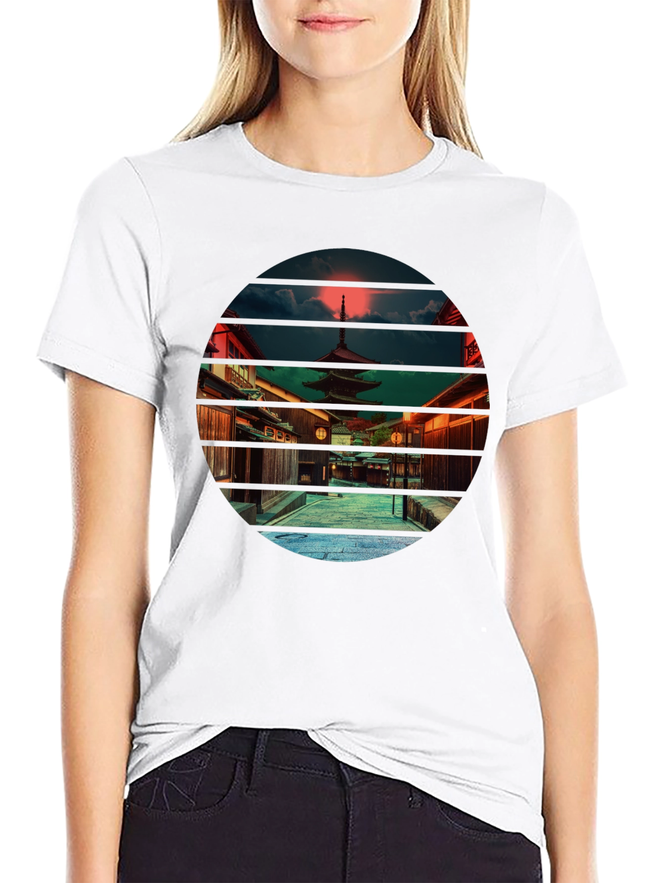 Japanese Temple Sunset Black T-Shirt