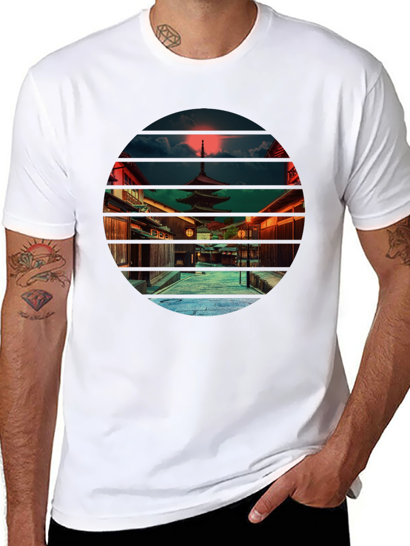 Japanese Temple Sunset Black T-Shirt