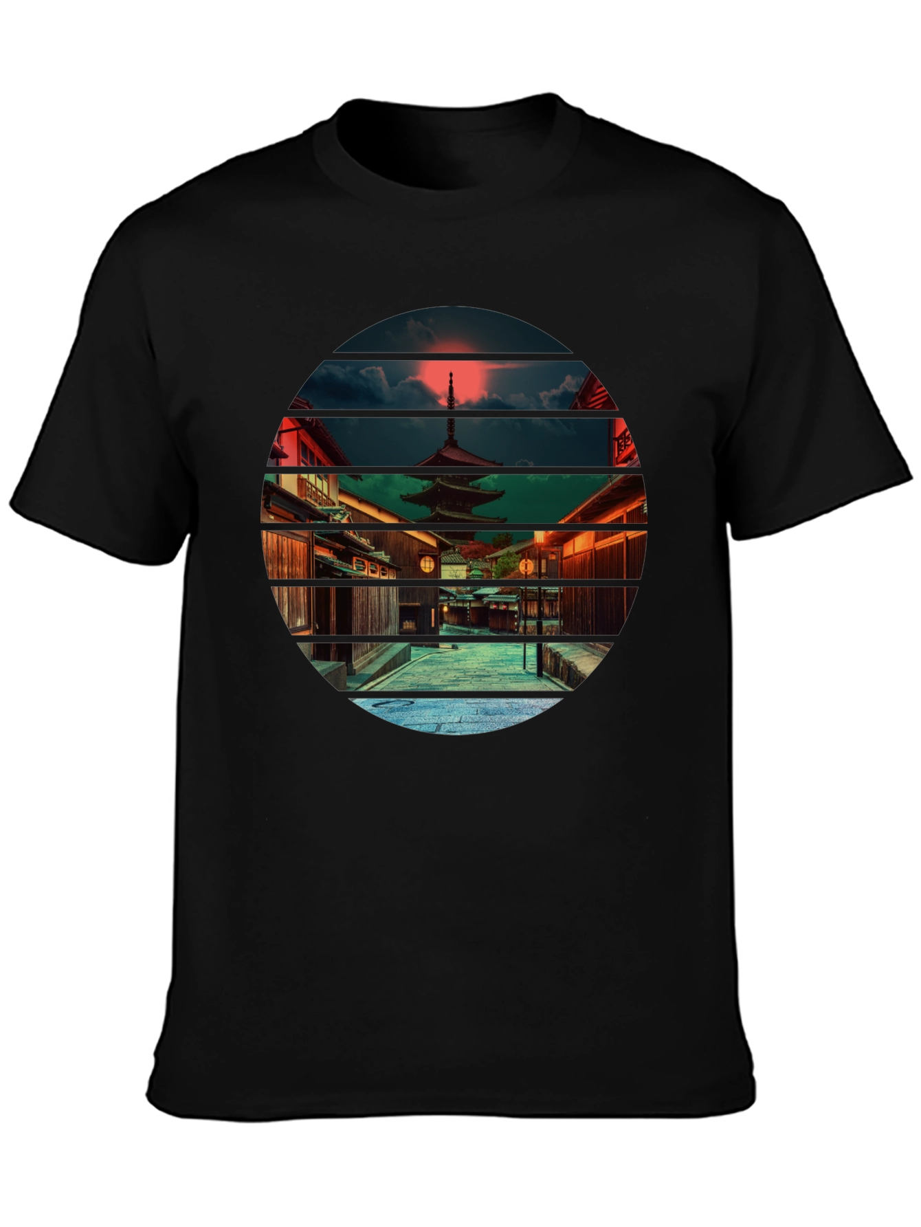 Japanese Temple Sunset Black T-Shirt