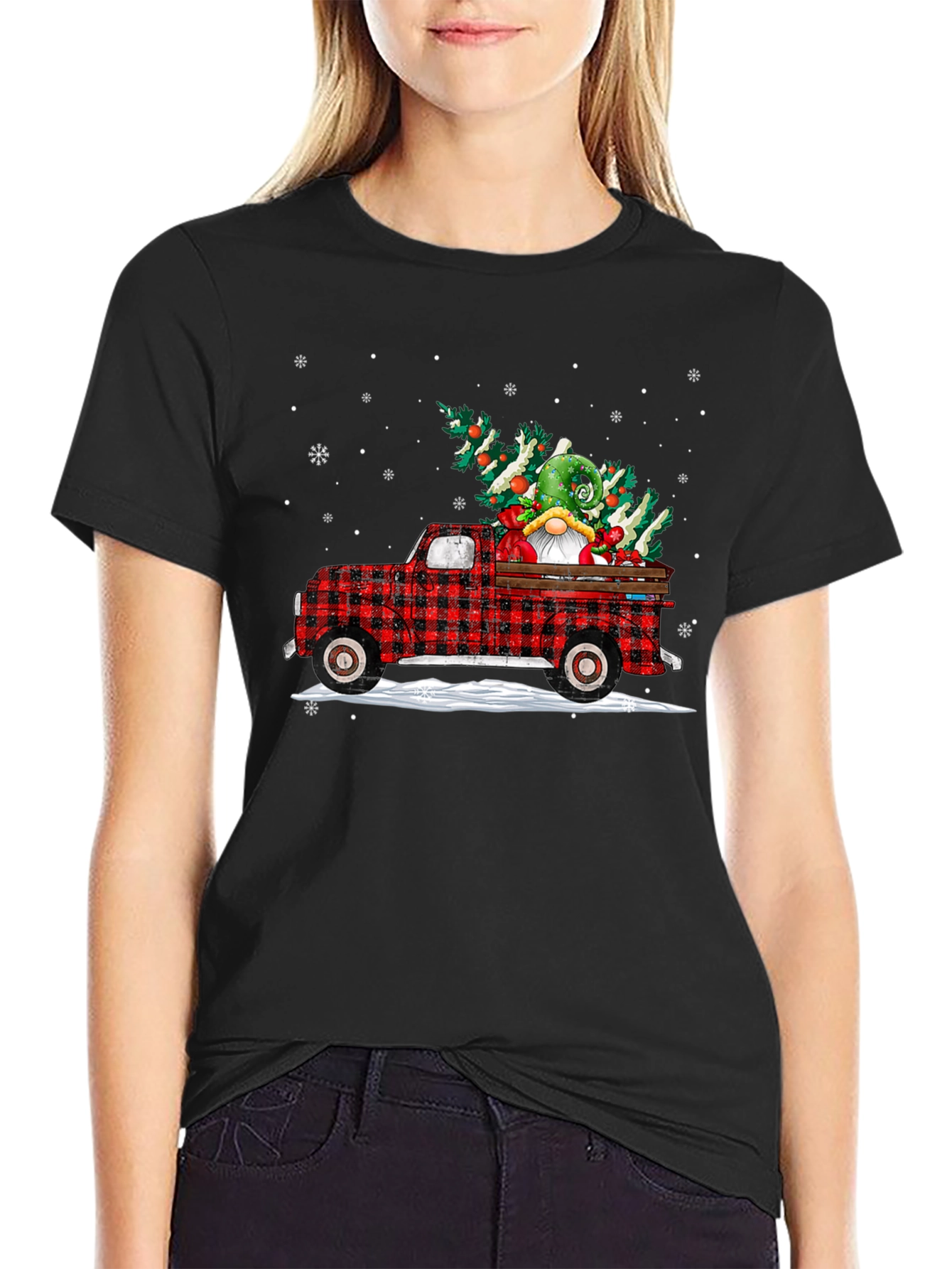 Festive Plaid Truck with Gnome Christmas T-Shirt