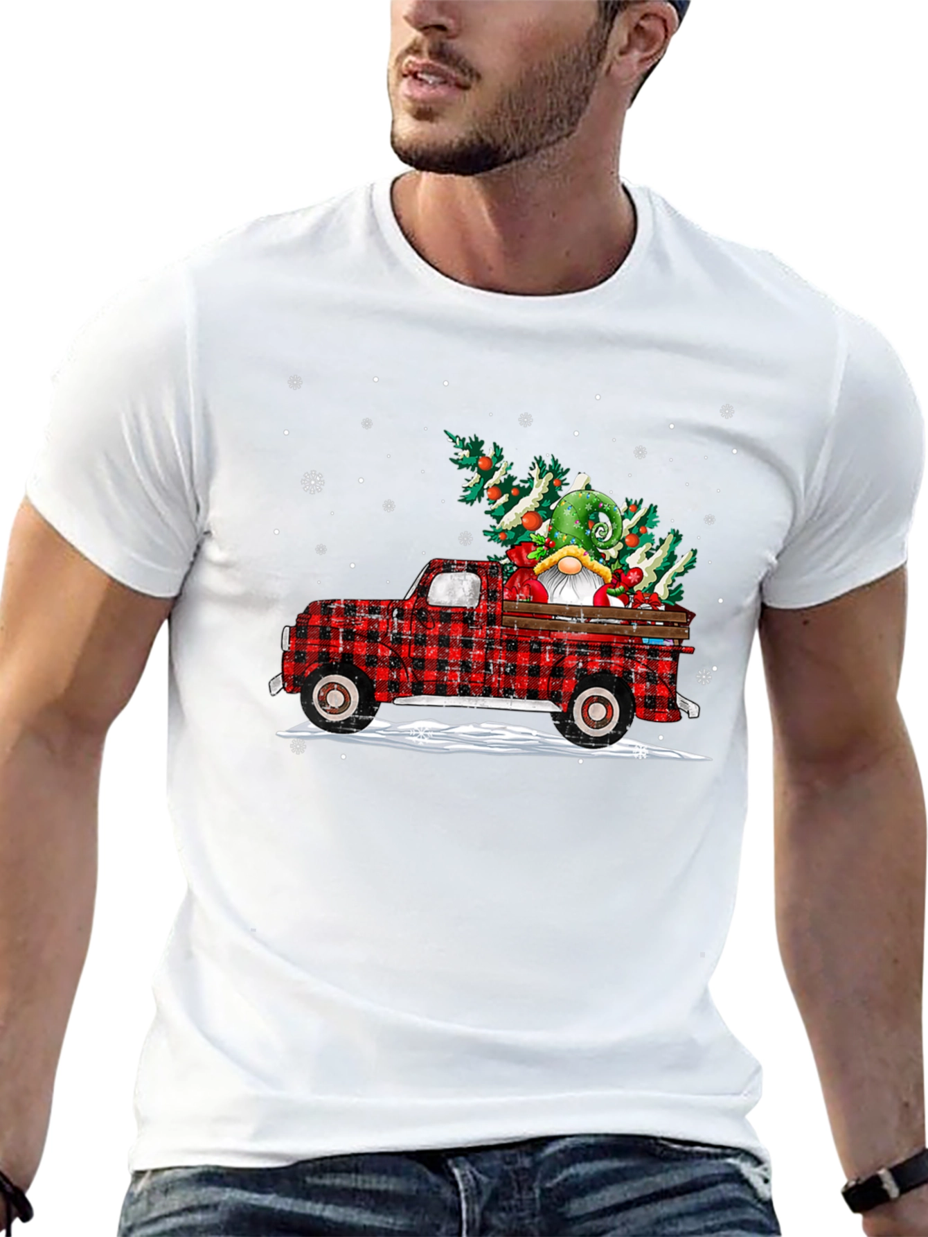 Festive Plaid Truck with Gnome Christmas T-Shirt
