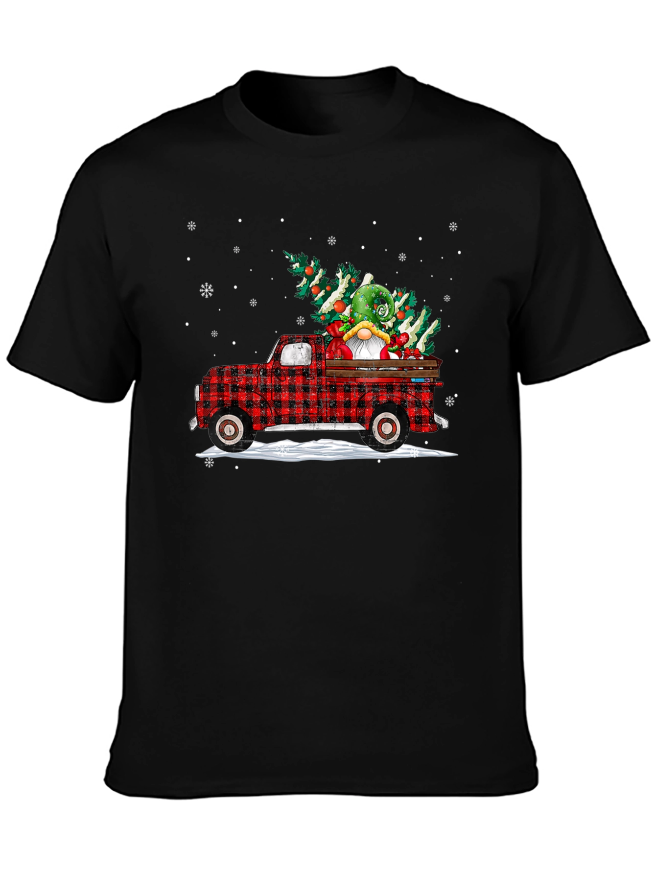 Festive Plaid Truck with Gnome Christmas T-Shirt