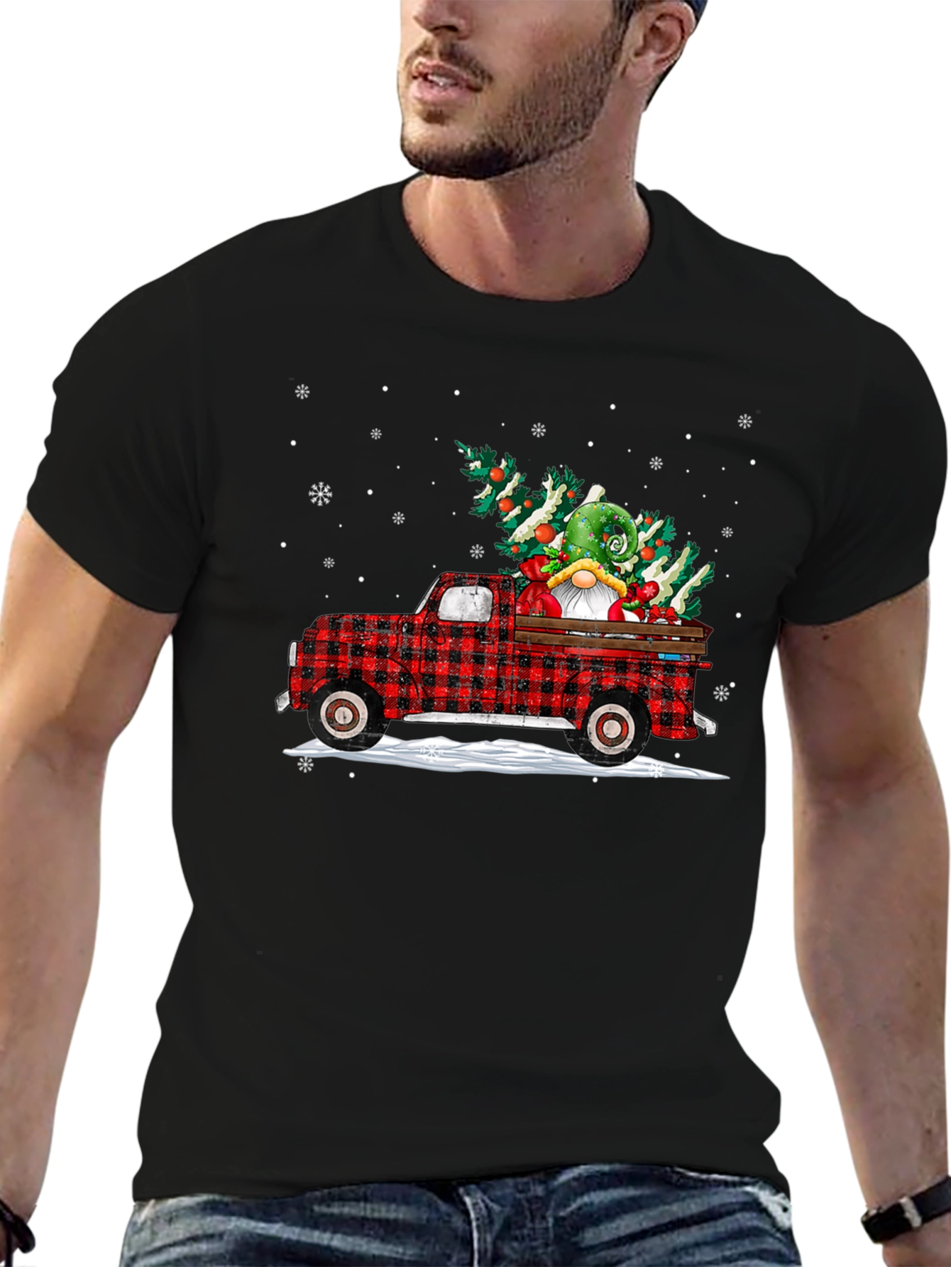 Festive Plaid Truck with Gnome Christmas T-Shirt