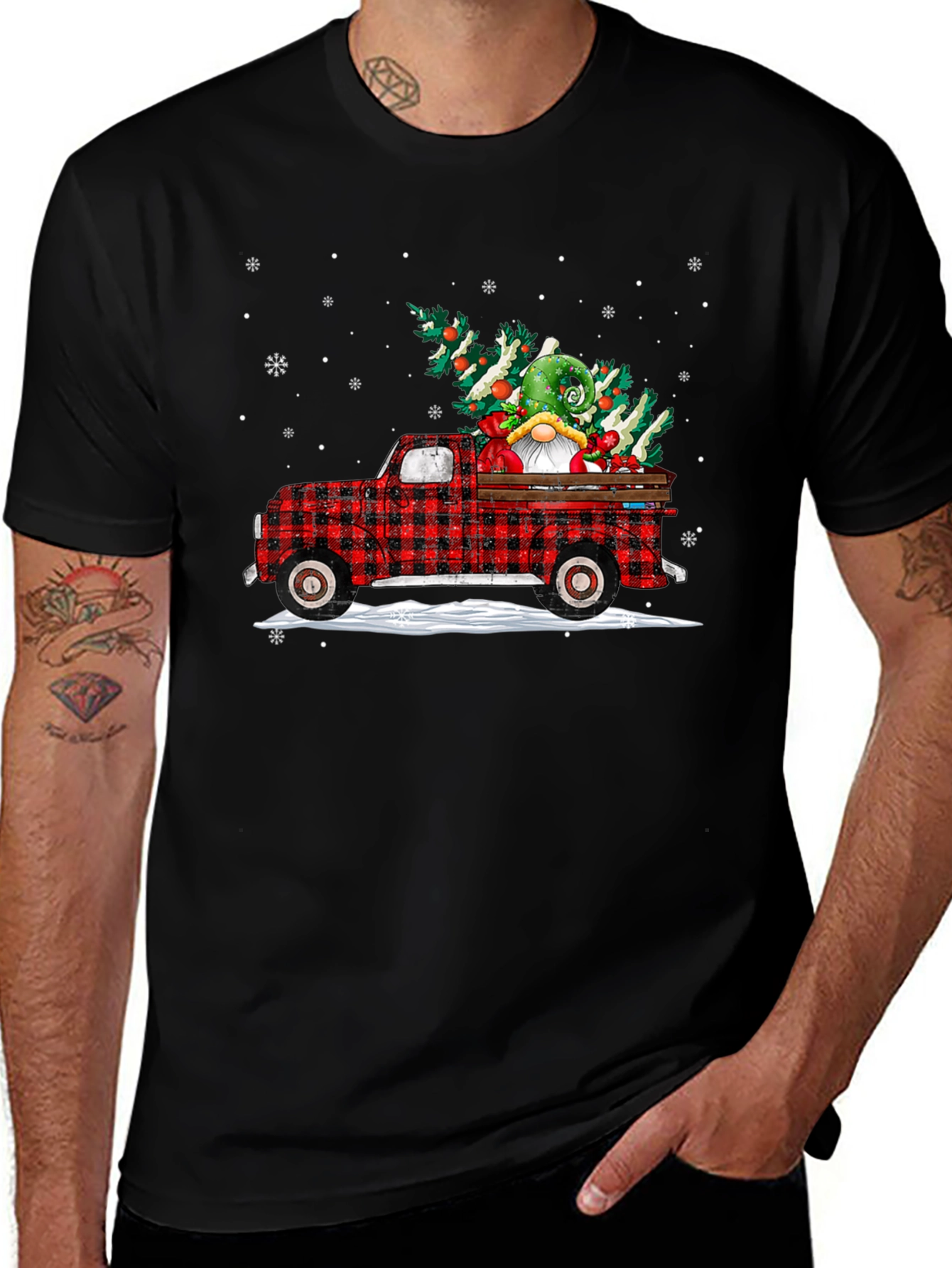 Festive Plaid Truck with Gnome Christmas T-Shirt