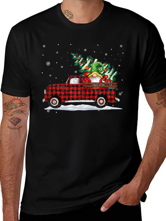 Festive Plaid Truck with Gnome Christmas T-Shirt