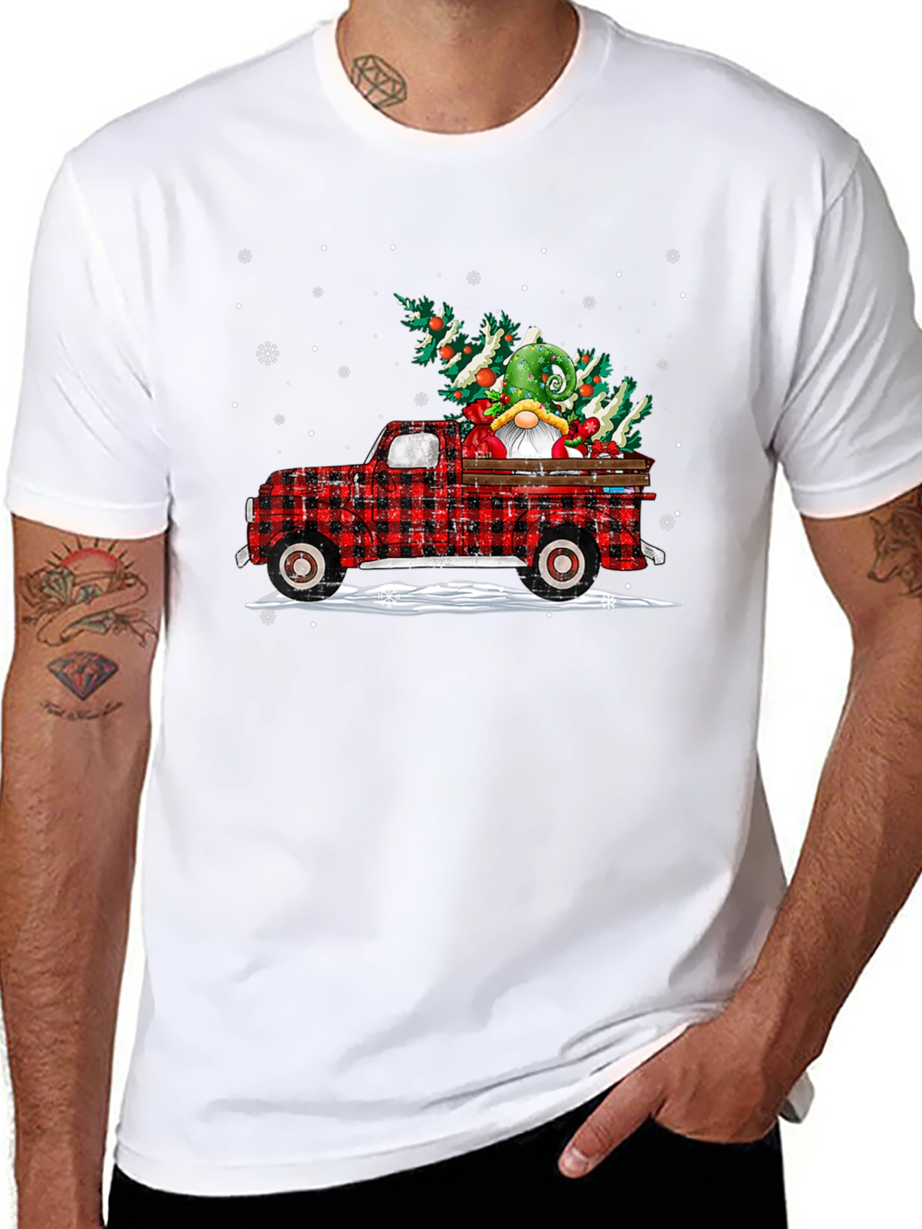 Festive Plaid Truck with Gnome Christmas T-Shirt