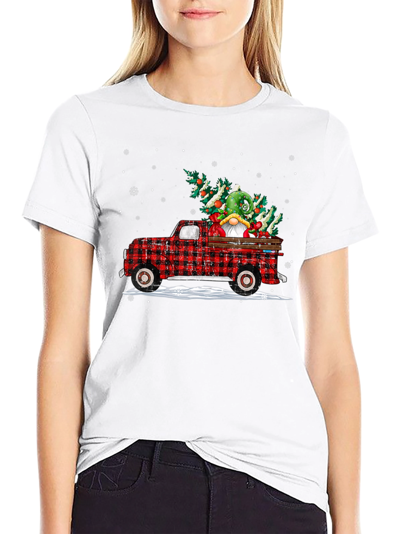 Festive Plaid Truck with Gnome Christmas T-Shirt