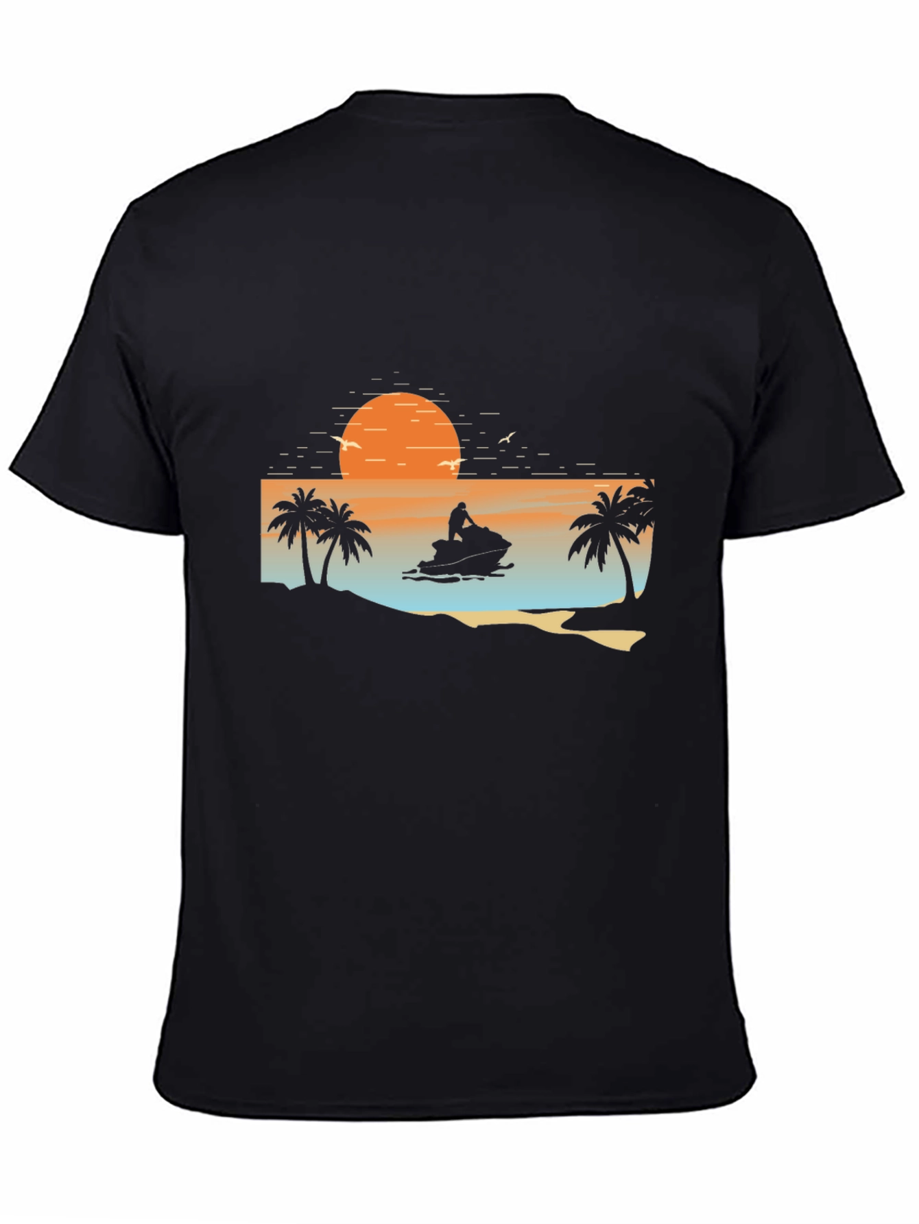 Sunset Jet Ski Palm Tree Graphic Black T-Shirt