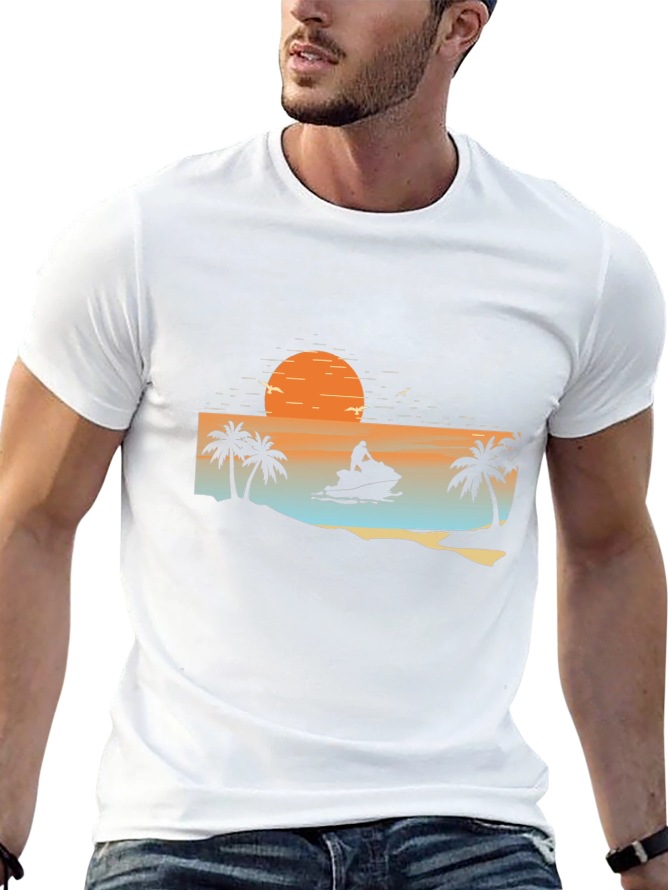 Sunset Jet Ski Palm Tree Graphic Black T-Shirt