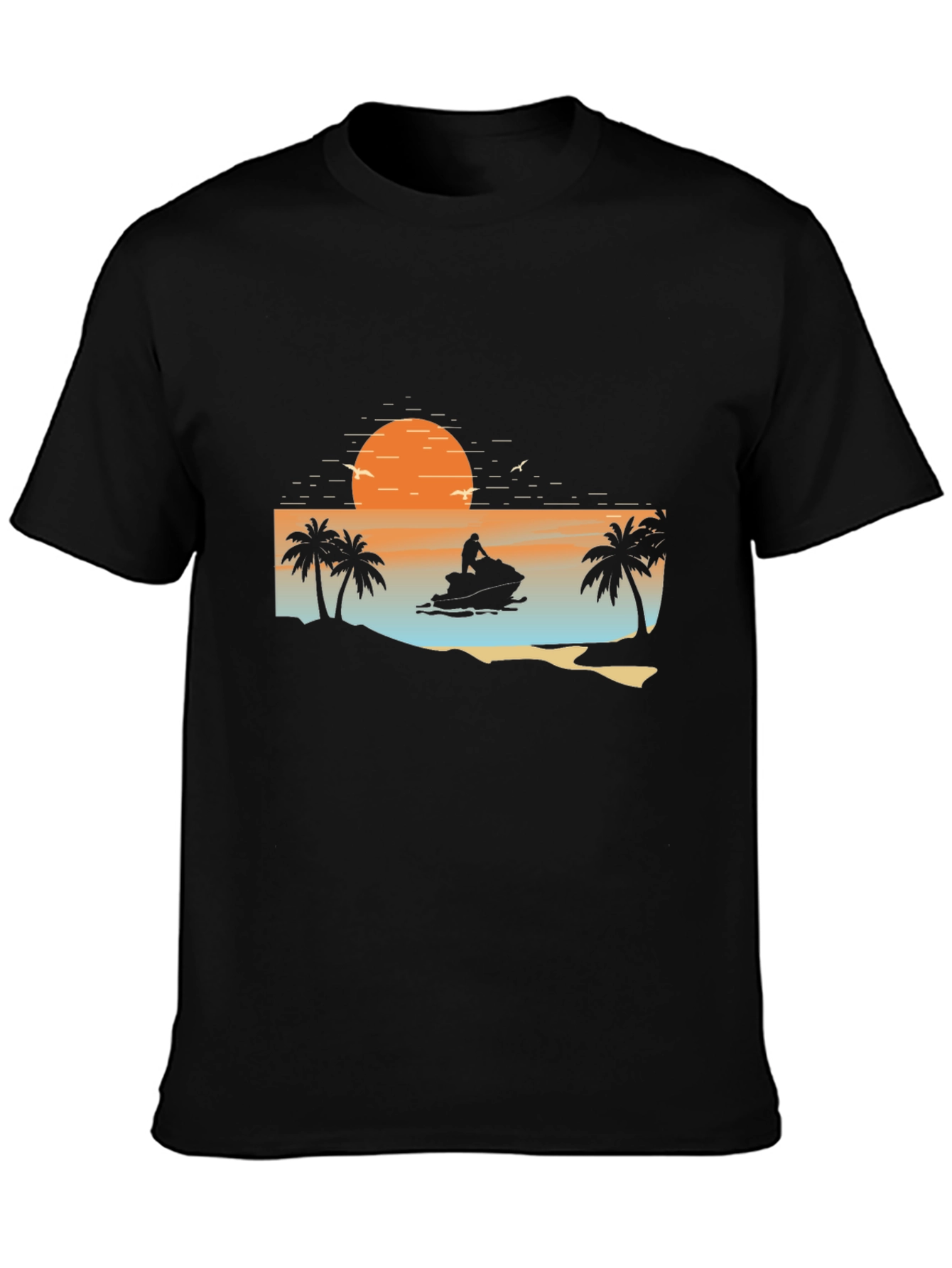 Sunset Jet Ski Palm Tree Graphic Black T-Shirt