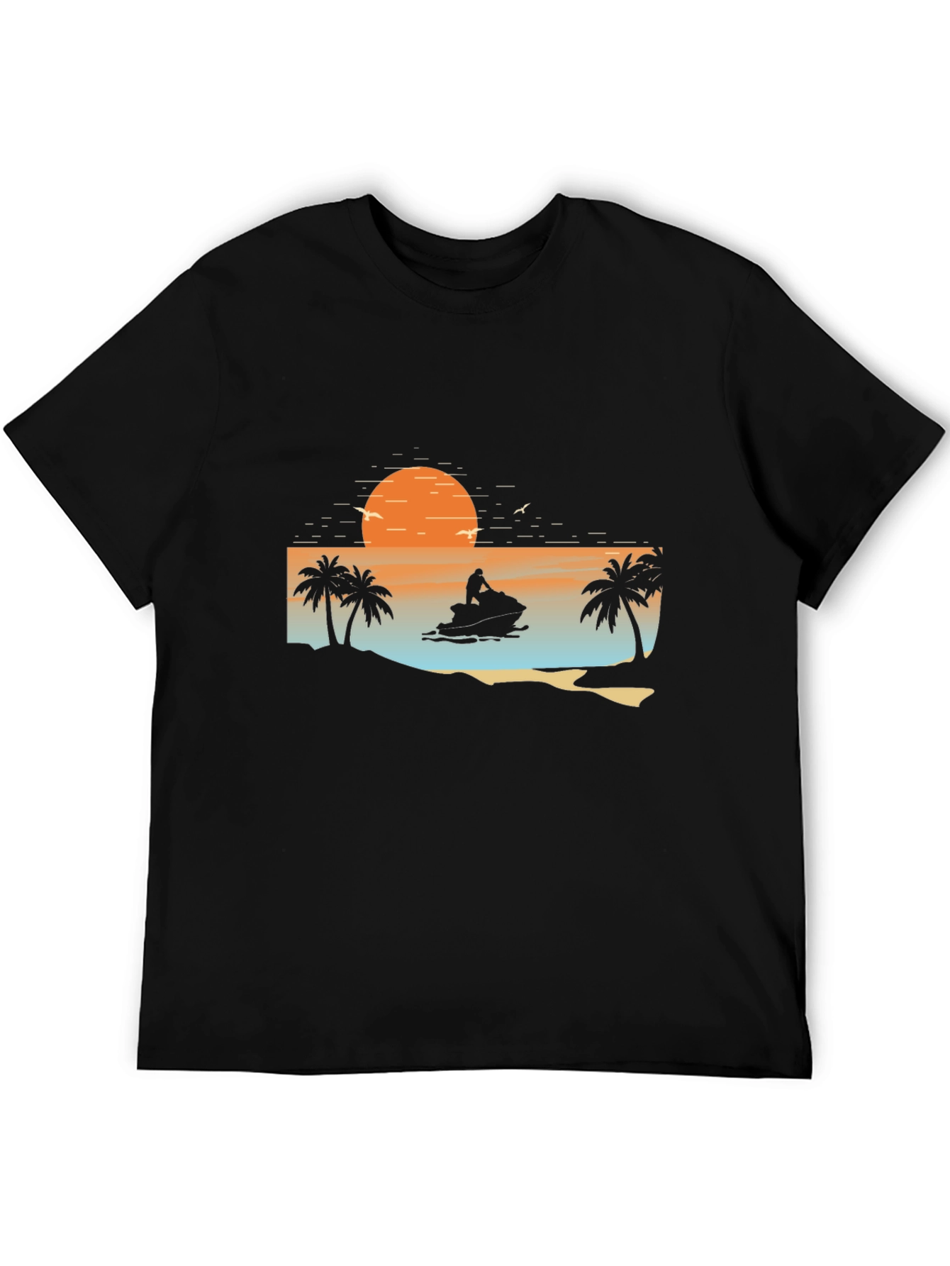Sunset Jet Ski Palm Tree Graphic Black T-Shirt