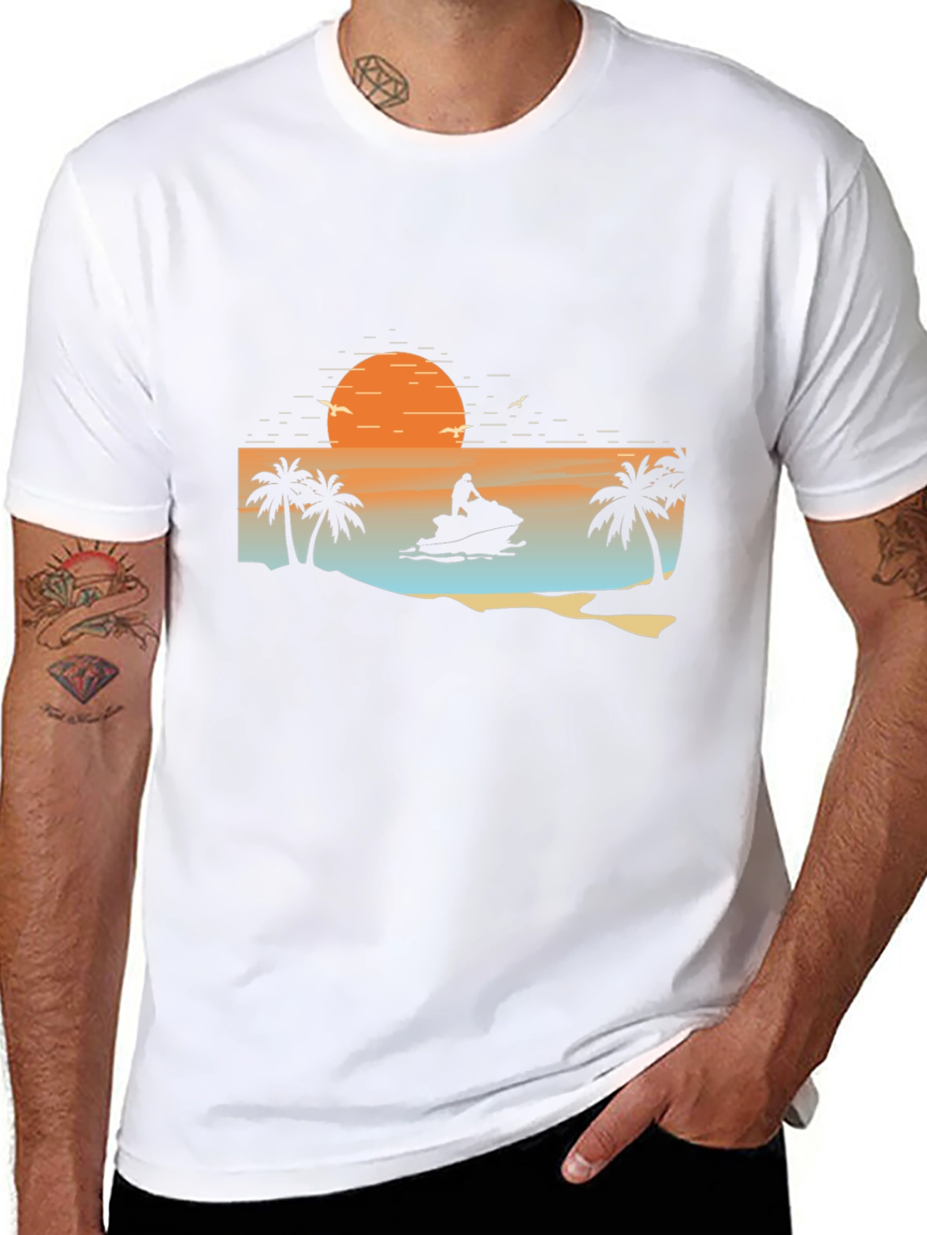 Sunset Jet Ski Palm Tree Graphic Black T-Shirt