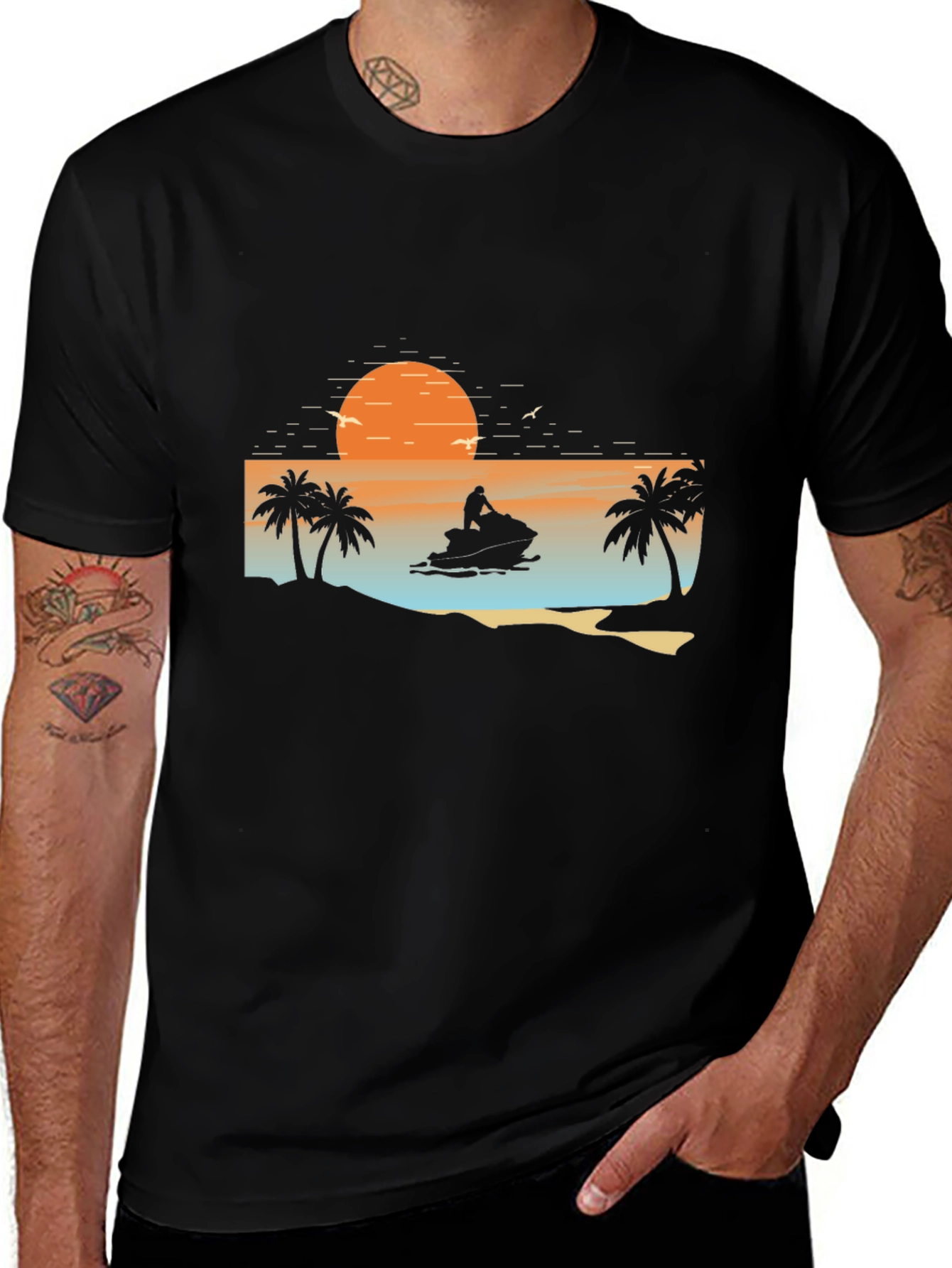 Sunset Jet Ski Palm Tree Graphic Black T-Shirt