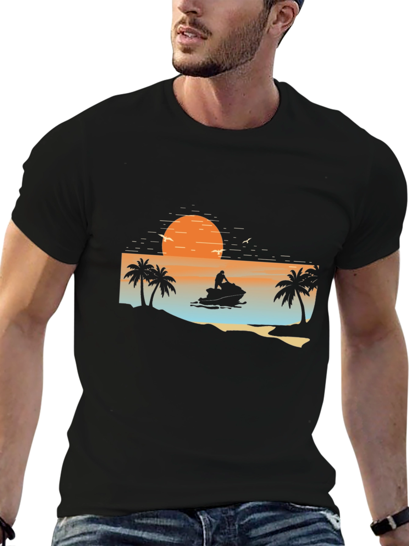 Sunset Jet Ski Palm Tree Graphic Black T-Shirt