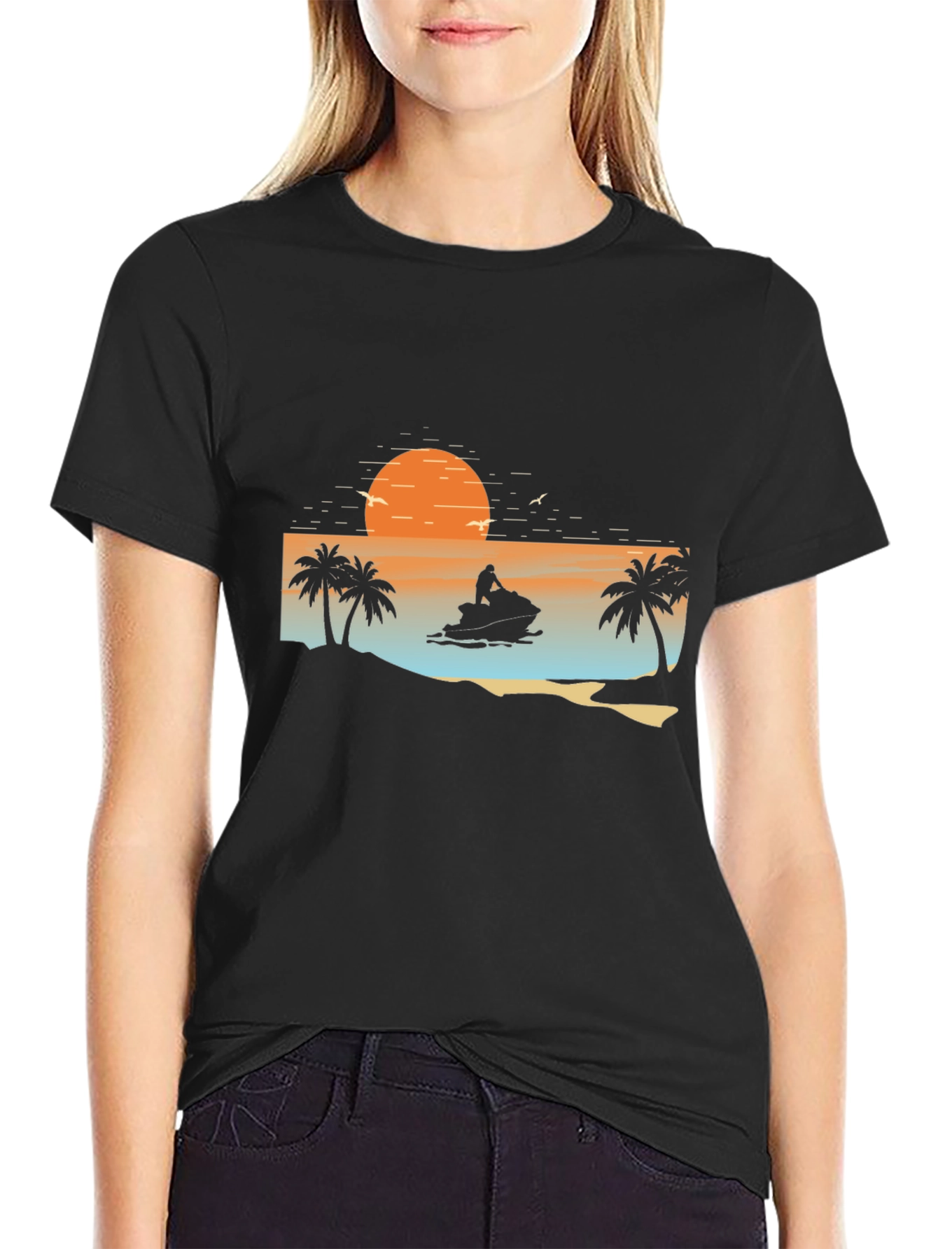 Sunset Jet Ski Palm Tree Graphic Black T-Shirt