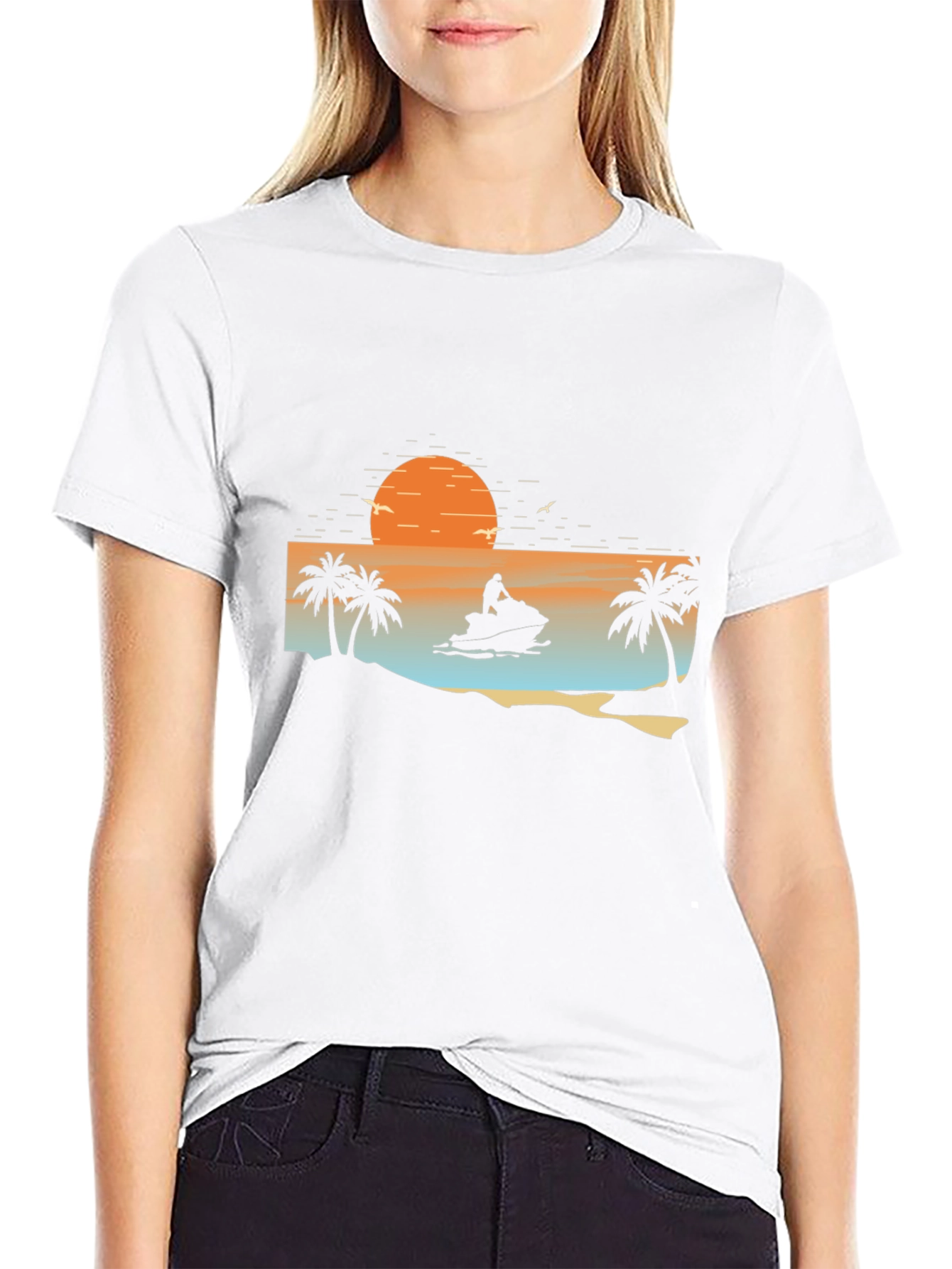 Sunset Jet Ski Palm Tree Graphic Black T-Shirt