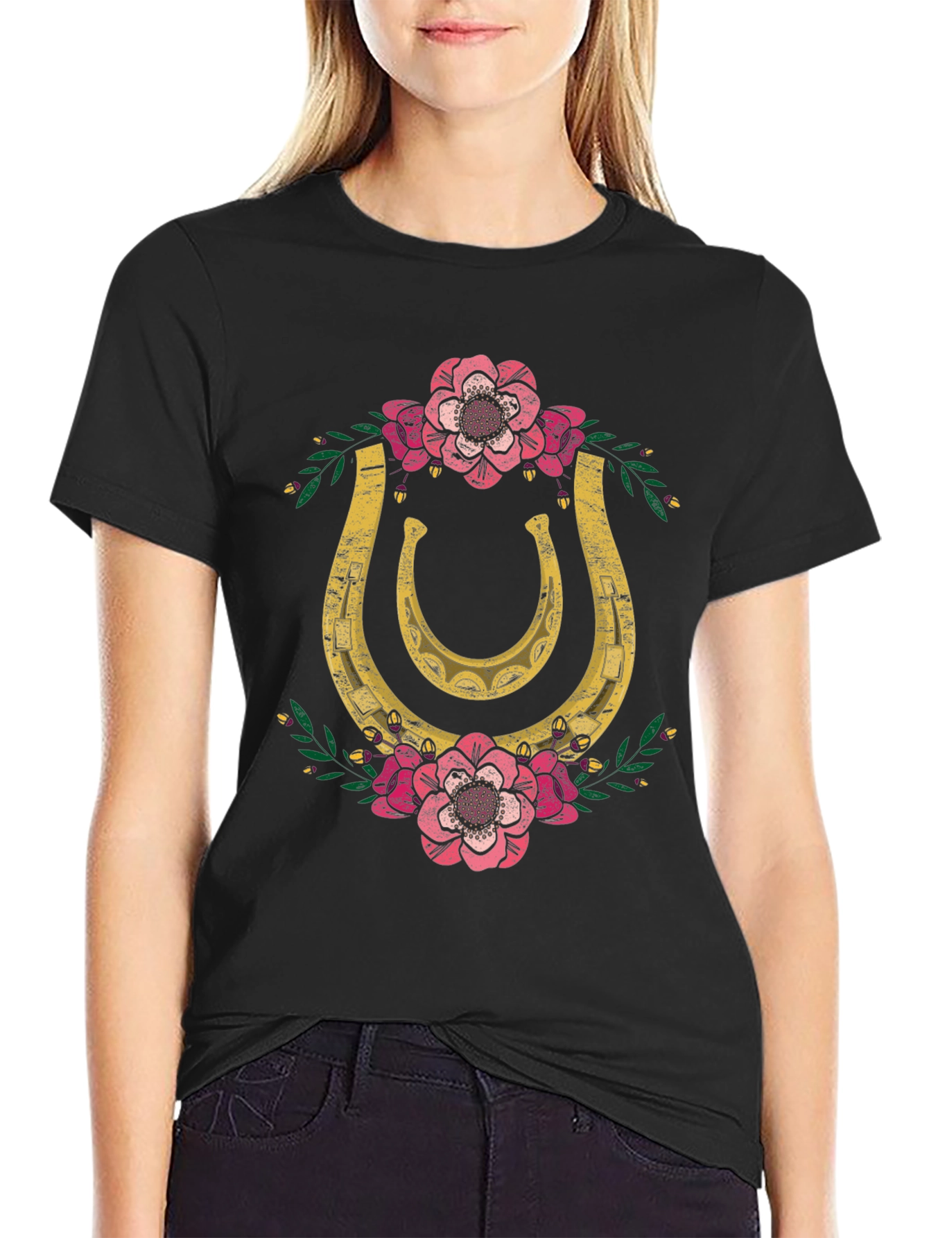 Lucky Horseshoe Floral Graphic Tee - Black