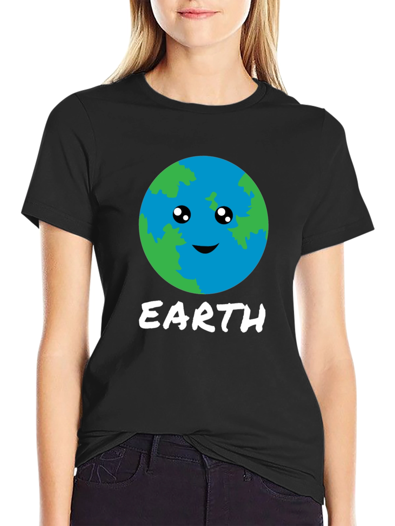 Cute Earth Graphic Black T-Shirt