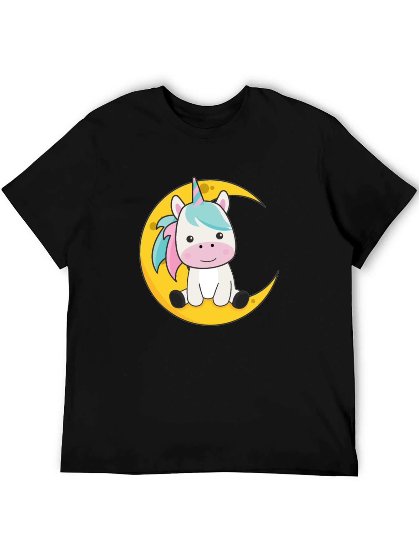 Cute Unicorn on Moon Black T-Shirt
