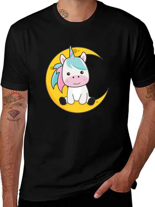 Cute Unicorn on Moon Black T-Shirt