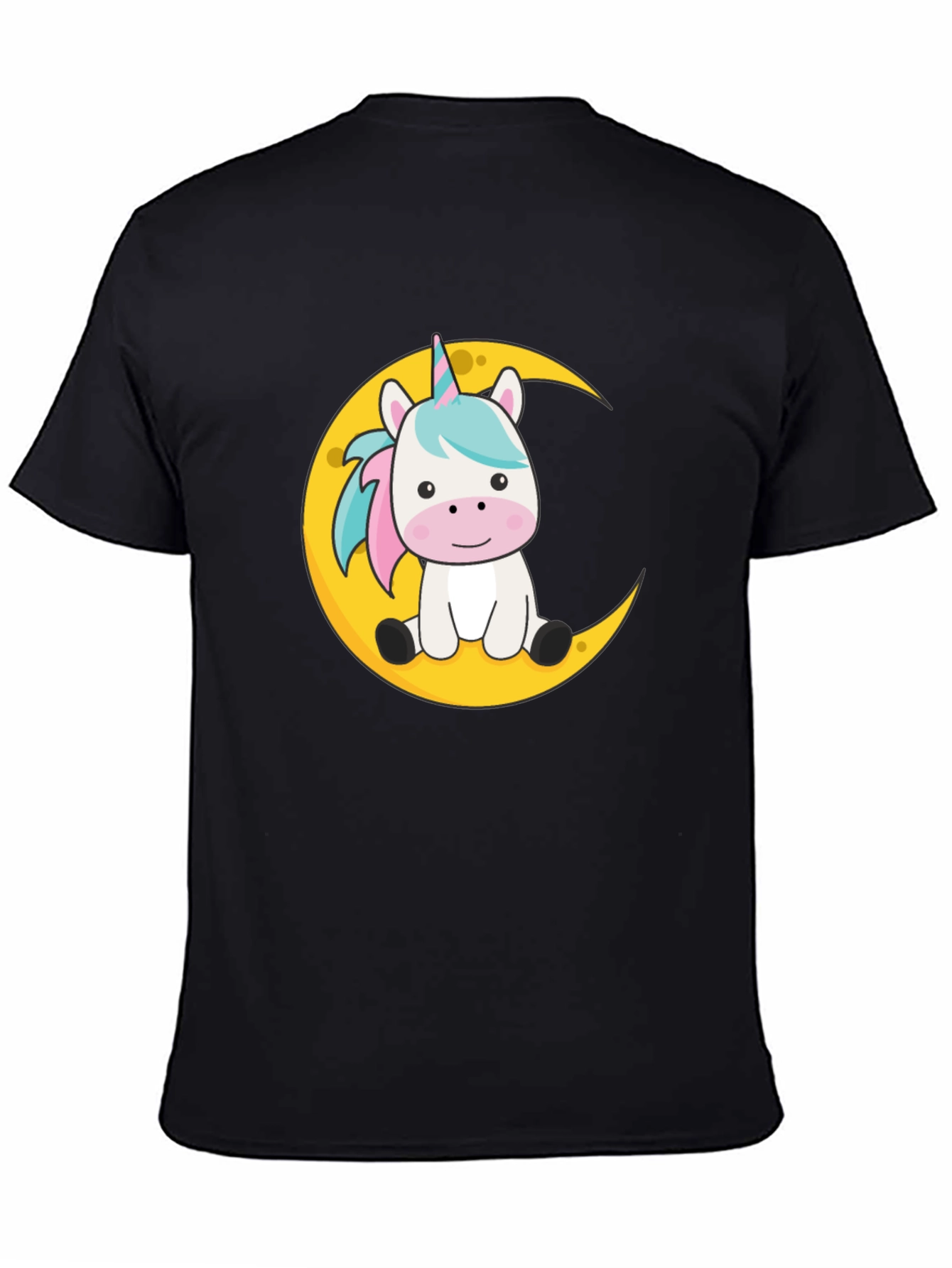 Cute Unicorn on Moon Black T-Shirt