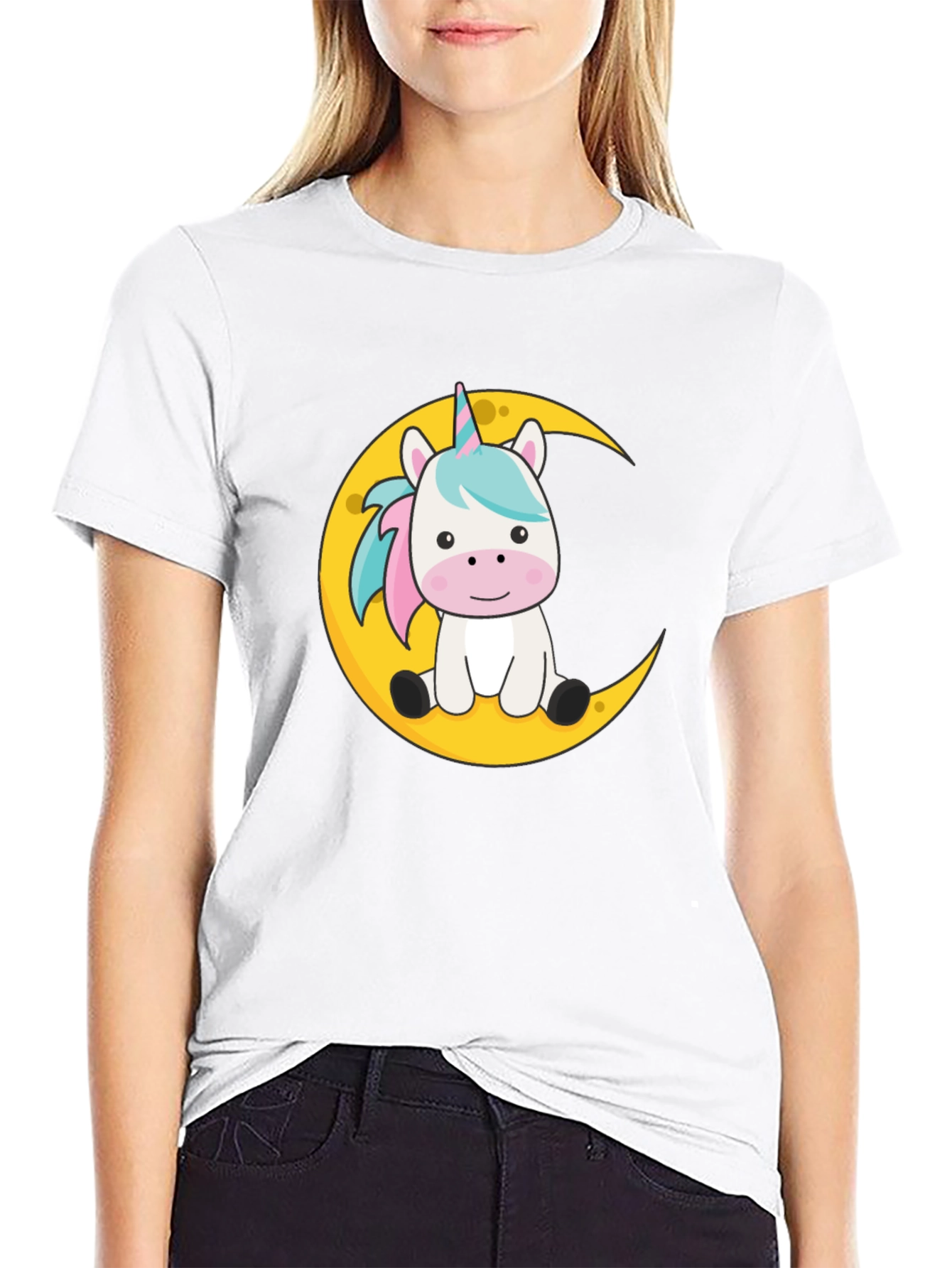 Cute Unicorn on Moon Black T-Shirt